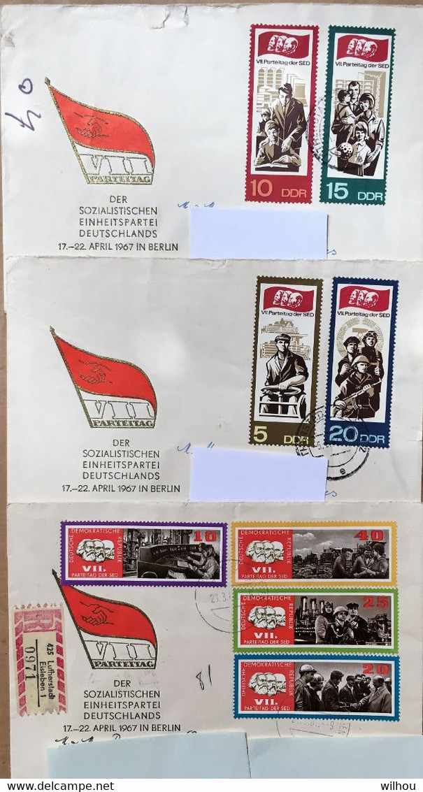 LOT DE 3 ENVELOPPES ILLUSTREES DDR CONGRES PARTI SOCIALISTE 1967- 8 TIMBRES TOUS DIFFERENTS - Covers & Documents