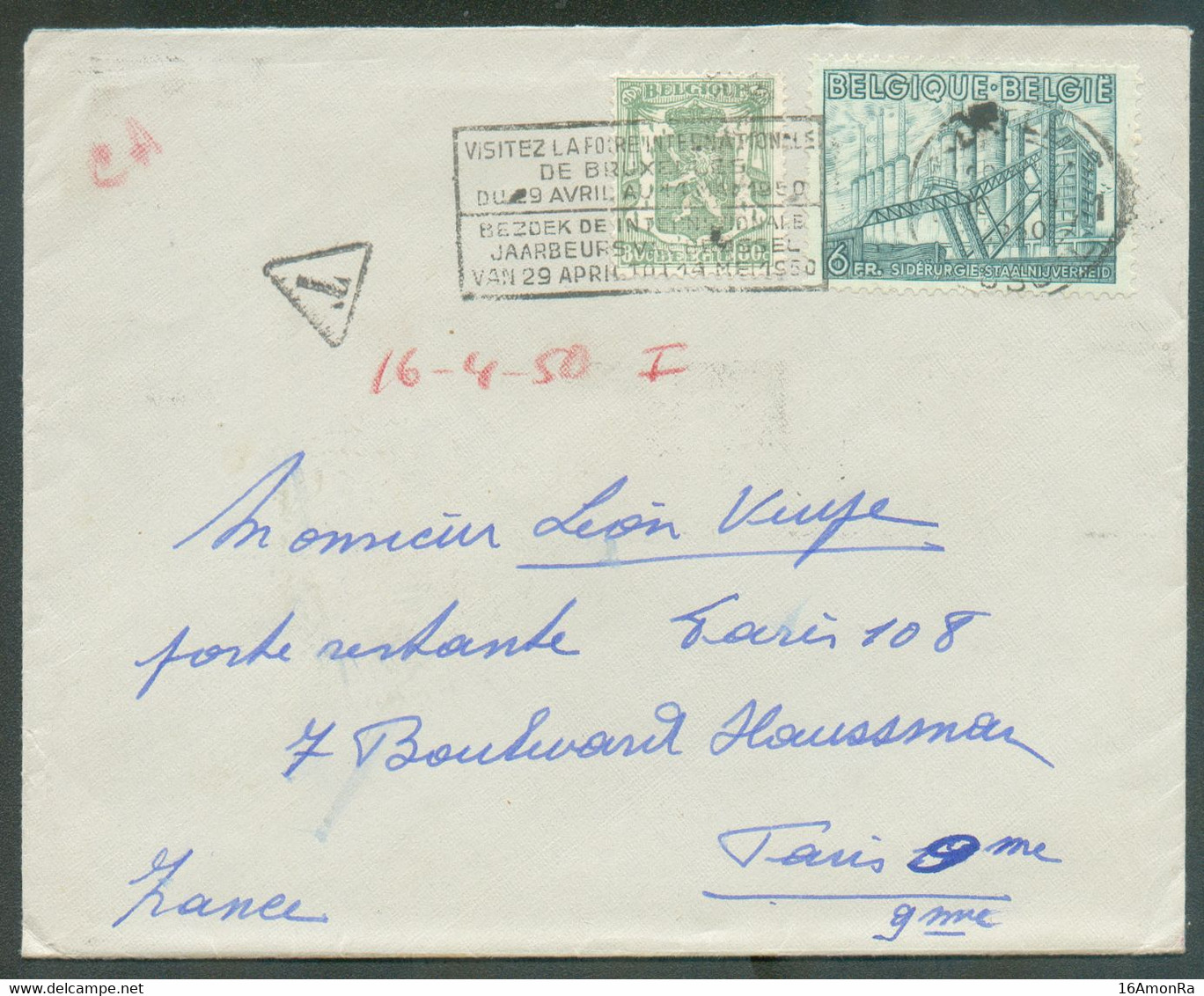 N°713A-772 - Affr. Composé à 6Fr80 Obl. Mécan. BRUXELLES 1 s/L.  Du 17-4-1950 Vers Paris Et Taxée à 10 Francs Par T-TX F - 1948 Exportación