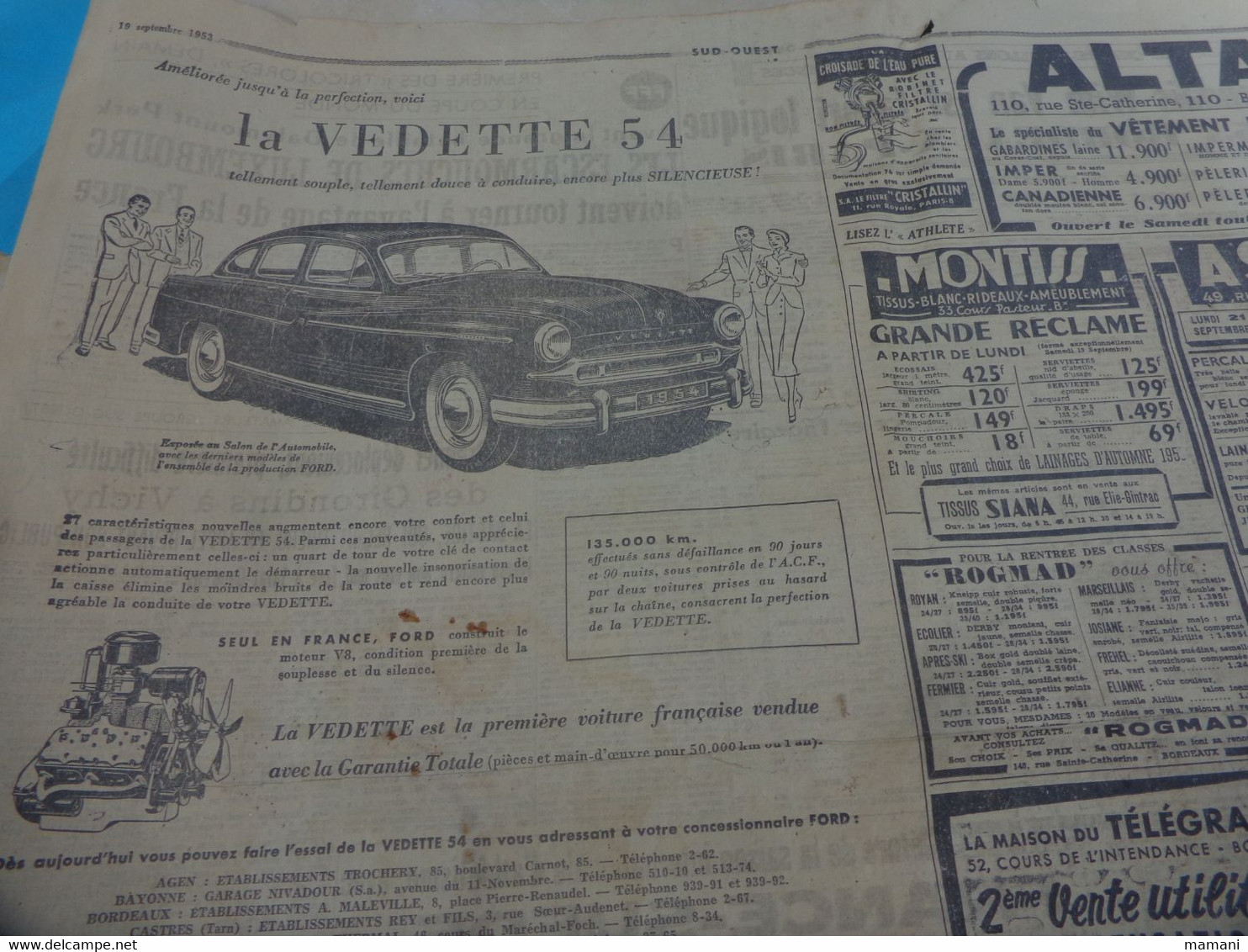 Lot D'articles Sur  Journaux 1953 -pub Voiture Vedette 54-tracteur Pony-john Deere-la Vache Qui Rit- Dessin Barberousse - 1950 à Nos Jours