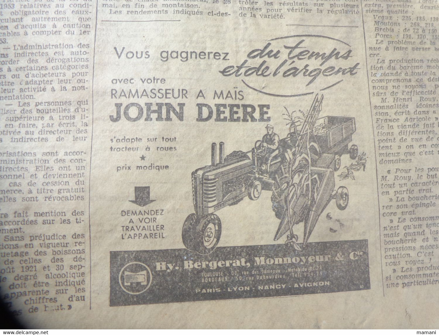 Lot D'articles Sur  Journaux 1953 -pub Voiture Vedette 54-tracteur Pony-john Deere-la Vache Qui Rit- Dessin Barberousse - Desde 1950