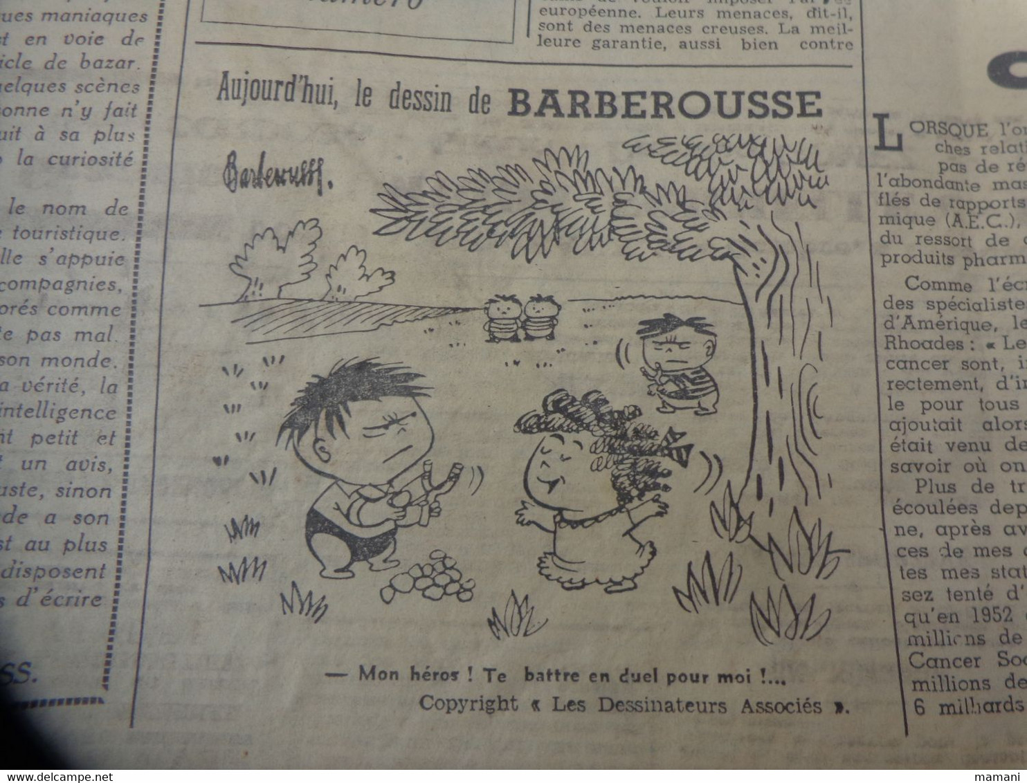 lot d'articles sur  journaux 1953 -pub voiture vedette 54-tracteur pony-john deere-la vache qui rit- dessin barberousse