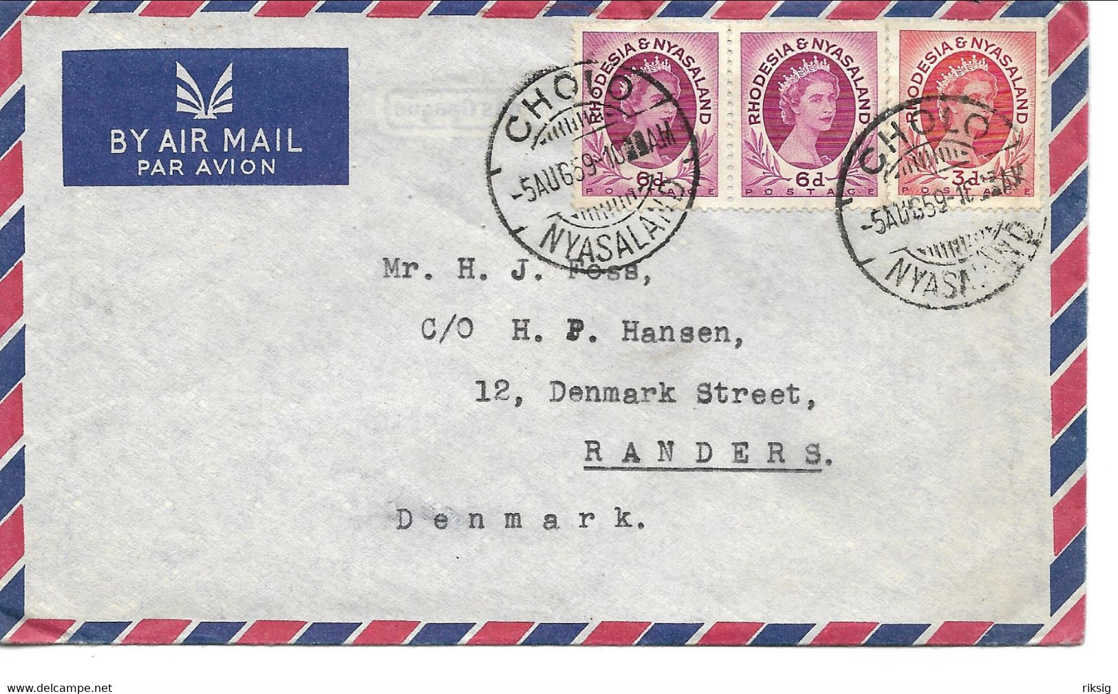 Rhodesia & Nyasaland. Airmail. Cover Sent To Denmark 1959.  H-950 - Rhodesien & Nyasaland (1954-1963)