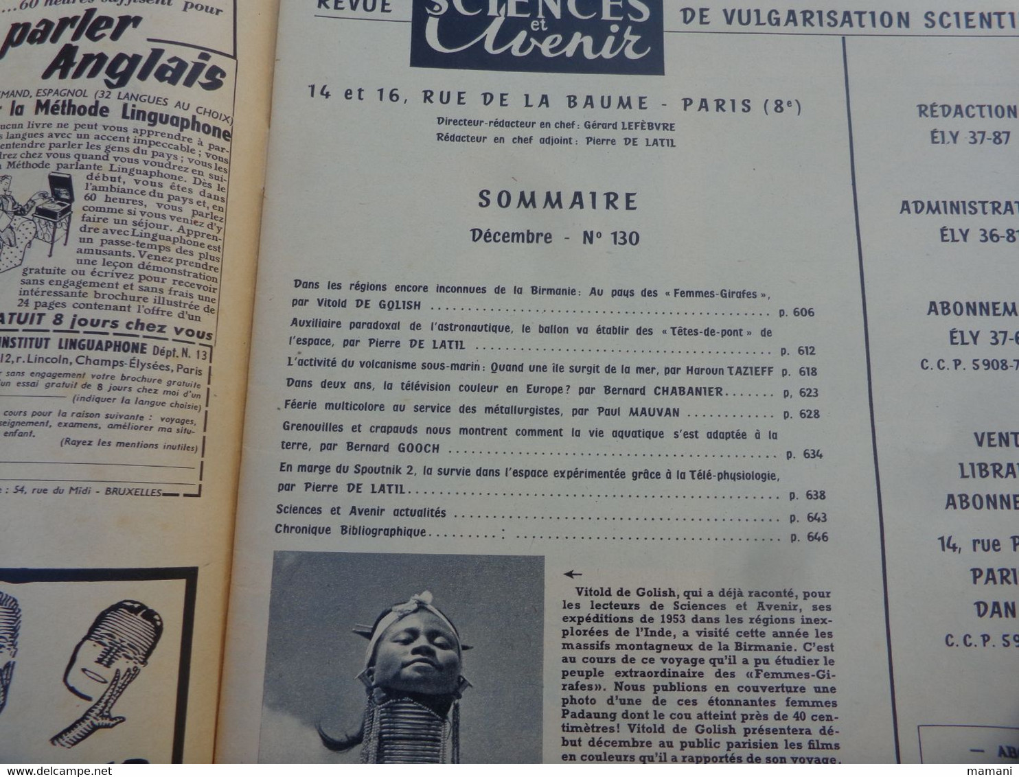 lots de revues sciences et avenir 1957 n°123-124-125-128-130-150 -1961 n° 170-172-174-176-179 1962 n°188 (voir sommaire