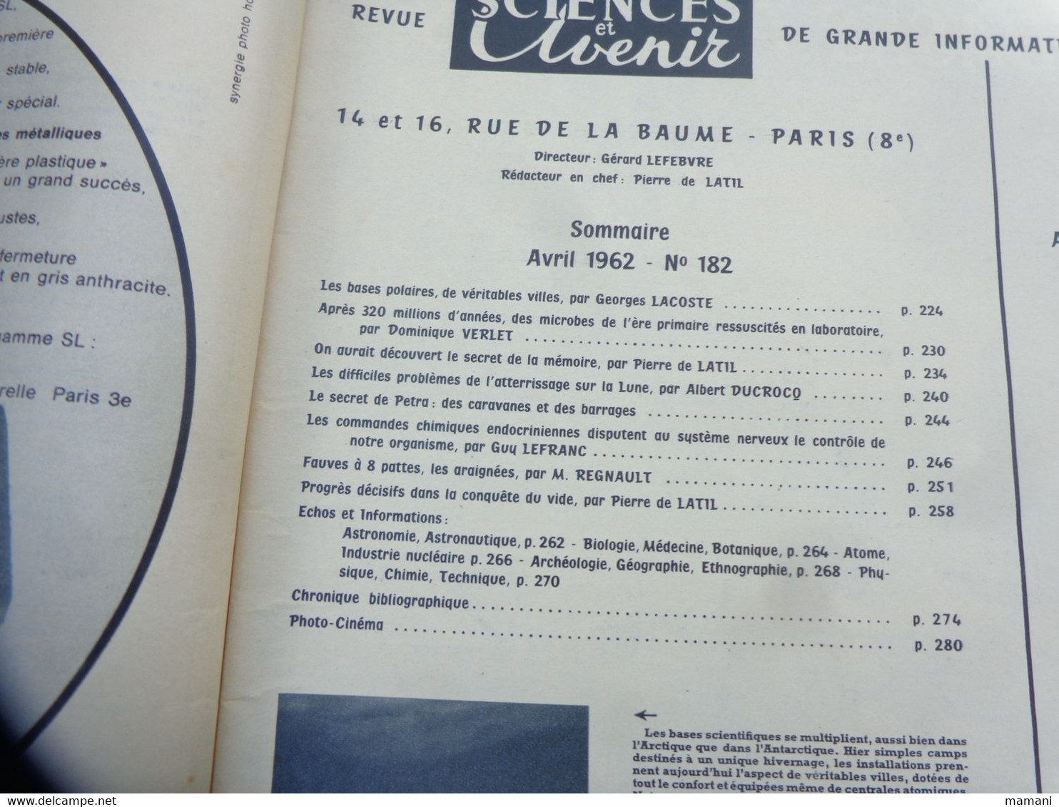 lots de revues sciences et avenir 1957 n°123-124-125-128-130-150 -1961 n° 170-172-174-176-179 1962 n°188 (voir sommaire