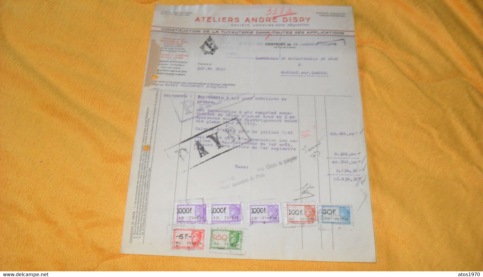 ANCIEN DOCUMENT FACTURE DE 1945../ ATELIERS ANDRE DISPY CONSTRUCTION DE LA TUYAUTERIE..CHATELET BELGIQUE..CACHETS + TIMB - Documentos