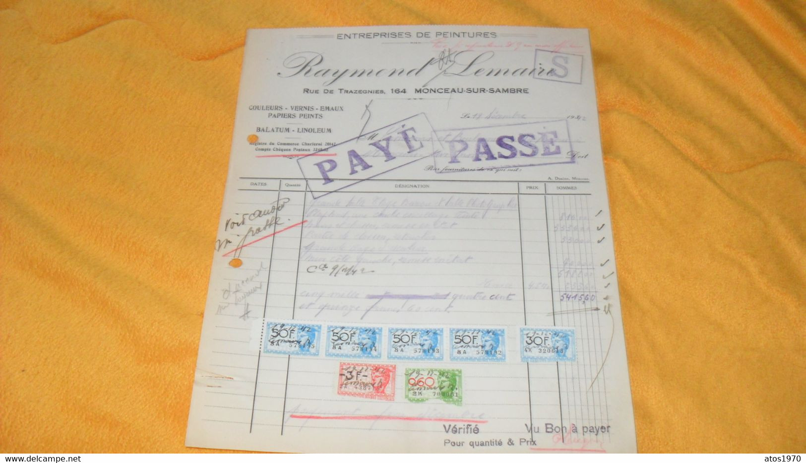 ANCIEN DOCUMENT FACTURE DE 1942../ RAYMOND LEMAIRE ENTREPRISES DE PEINTURES..MONCEAU SUR SAMBRE BELGIQUE..CACHET + TIMBR - Documentos