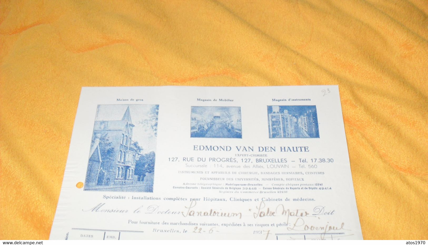 ANCIEN DOCUMENT FACTURE DE 1937../ EDMOND VAN DEN HAUTE BRUXELLES..BELGIQUE CACHETS + TIMBRES FISCAUX - Documenten