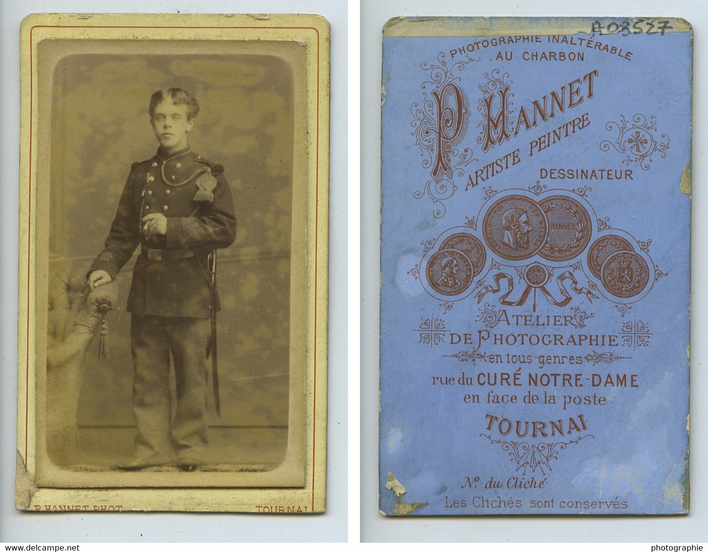 Belgique Tournai Jeune Homme Militaire Uniforme Ancienne Photo CDV Hannet 1890 - Old (before 1900)