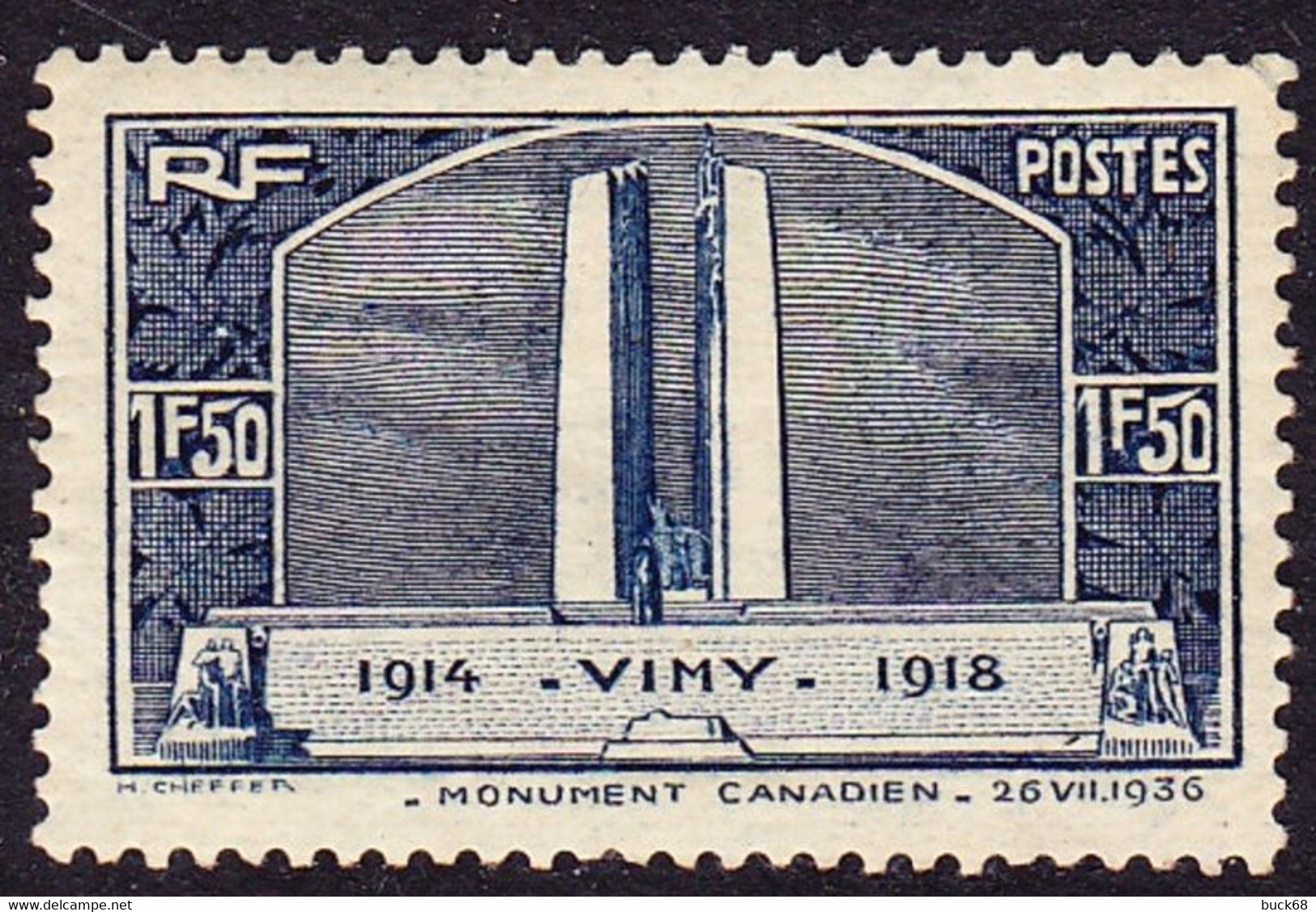 FRANCE 317 ** MNH Monument De Vimy Aux Canadiens Morts Pendant La Grande Guerre 1914-1918 WWI 1936 (CV 38 €) - Nuevos