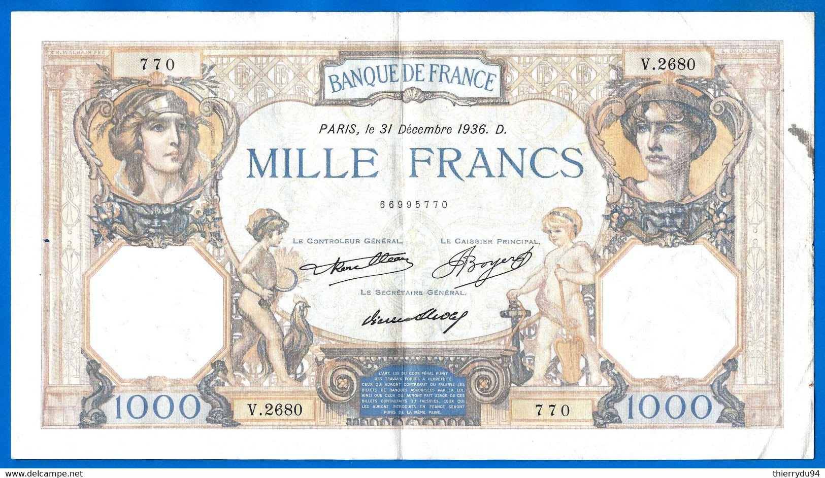 France 1000 Francs 1936 14 Mai Prefix V Ceres Mercure Que Prix + Port Grand Billet Frcs Frc Paypal Bitcoin OK - 1 000 F 1927-1940 ''Cérès Et Mercure''