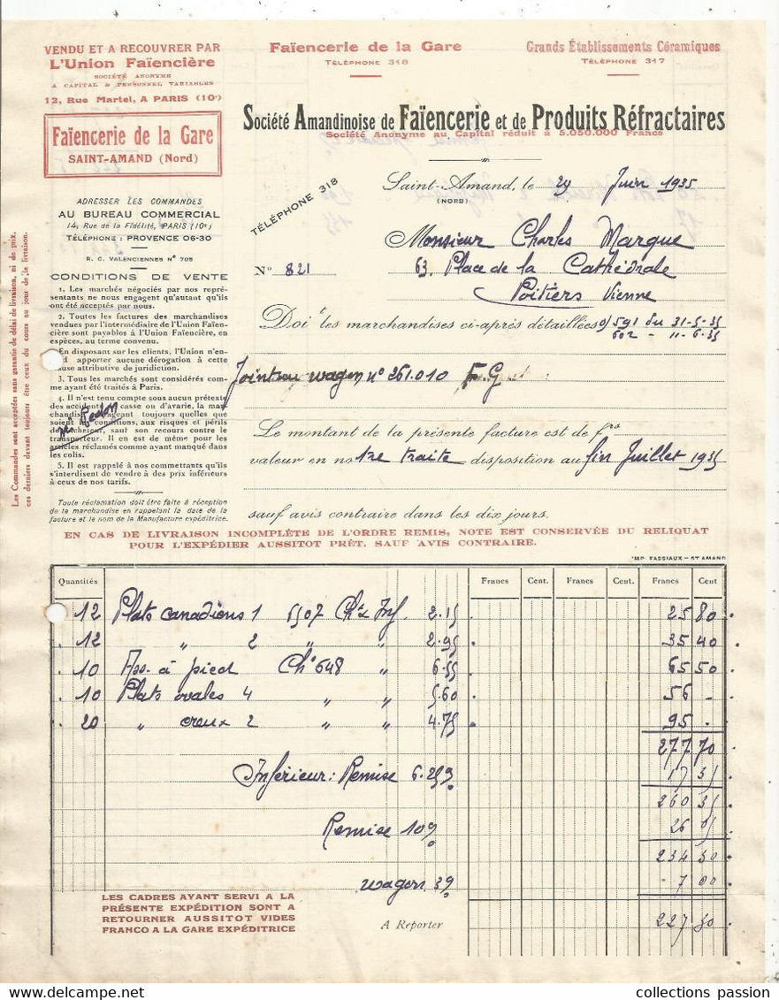 Facture , Société Amandinoise De Faïencerie Et De Produits Réfractaires , ST AMAND ,Nord ,1935 ,  Frais Fr 1.85 E - 1900 – 1949