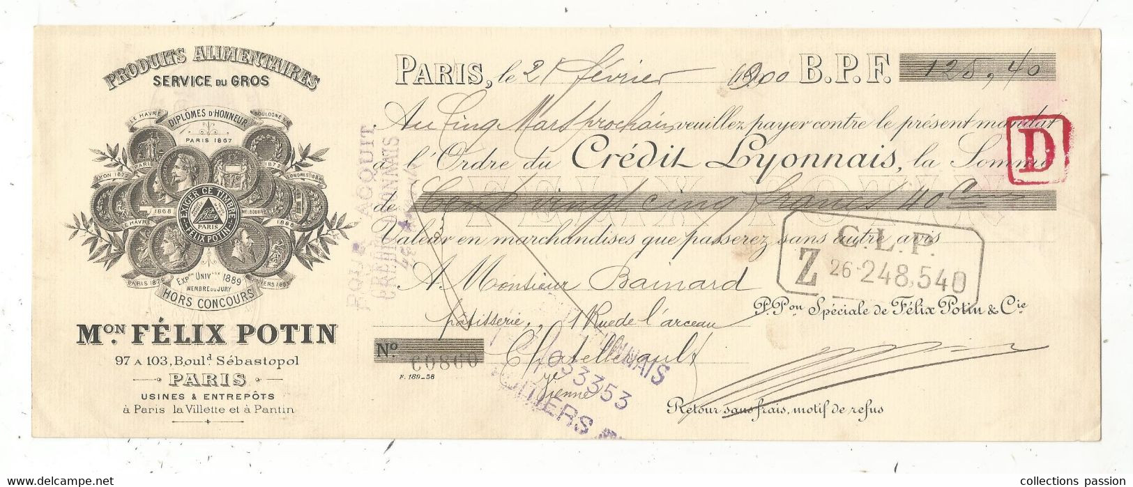 Lettre De Change, Mandat, Maison FELIX POTIN ,Paris, 1900 ,  Frais Fr 1.85 E - Lettres De Change