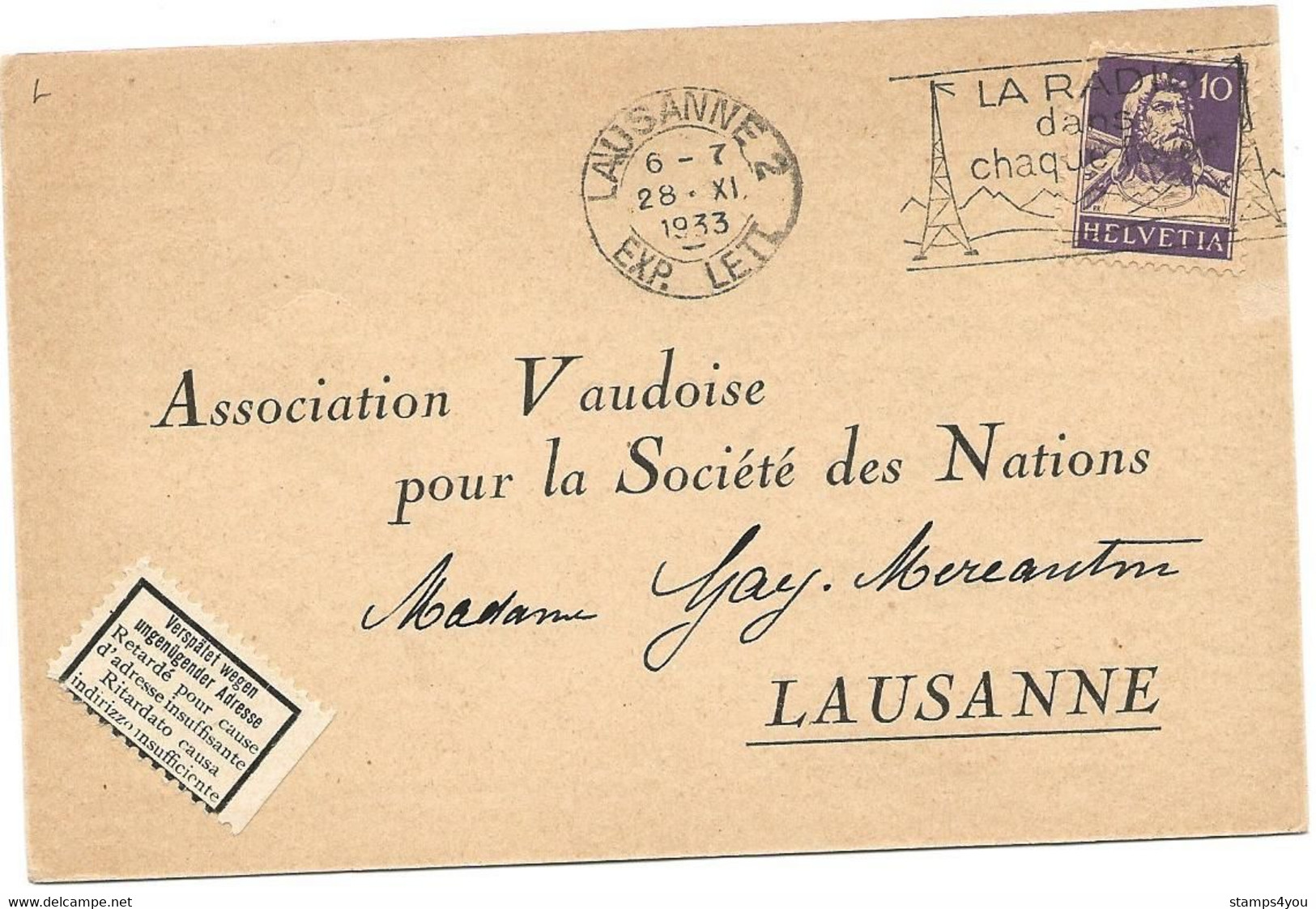 296 - 12 - Carte Envoyée De Lausanne 1933  étiquette "retardé Pour Cause Adresse Insuffisante" - Covers & Documents