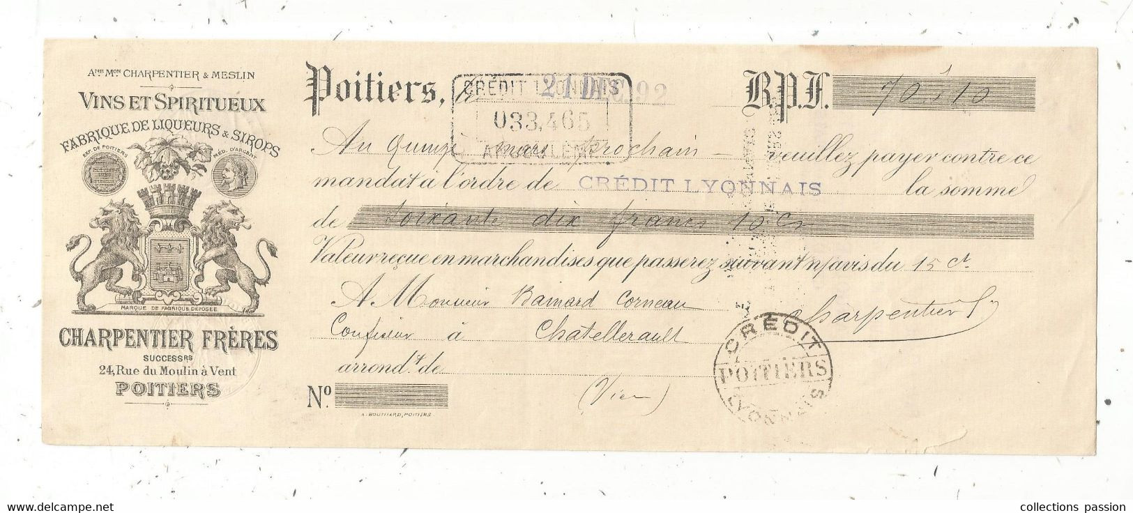 Lettre De Change, Mandat, Vins Et Spiritueux CHARPENTIER Frères , POITIERS ,Vienne ,1893 ,  Frais Fr 1.65 E - Lettres De Change