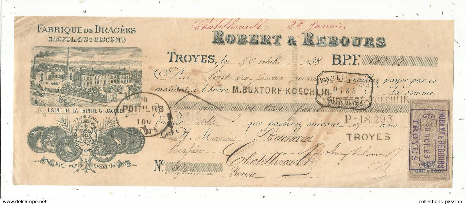 Lettre De Change, Mandat, Dragées , Chocolats & Biscuits , Robert & Rebours, TROYES , Aube,1889 ,  Frais Fr 1.65 E - Lettres De Change