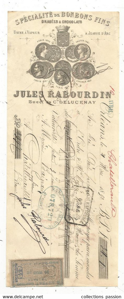 Lettre De Change, Mandat, Bonbons Fins , Dragées & Chocolats Jules RABOURDIN ,ORLEANS , 1892 ,  Frais Fr 1.75 E - Lettres De Change