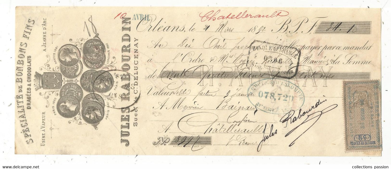 Lettre De Change, Mandat, Bonbons Fins , Dragées & Chocolats Jules RABOURDIN ,ORLEANS , 1892 ,  Frais Fr 1.75 E - Lettres De Change