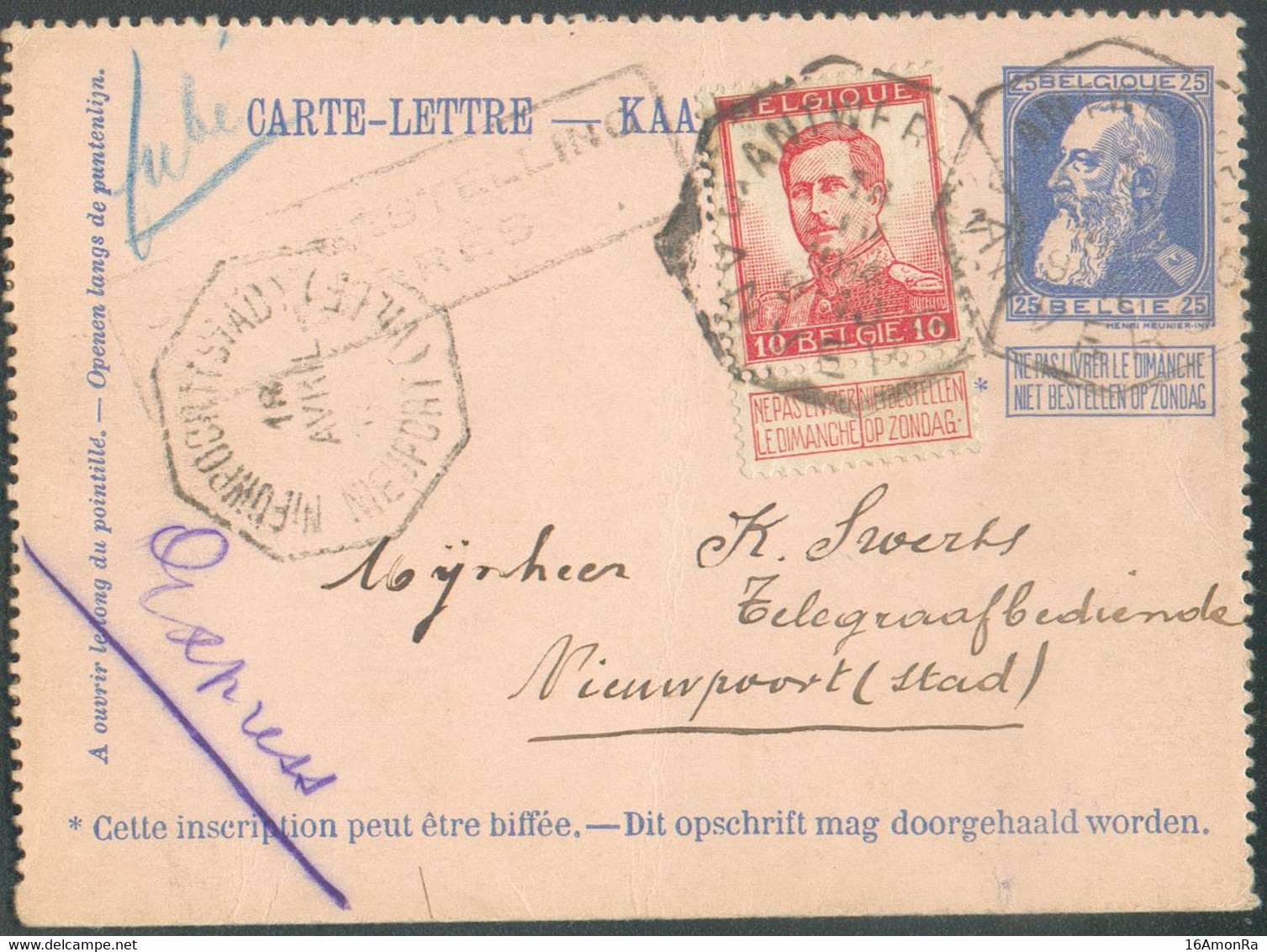 N°123 - 10 Cent. PELLENS En Affr. Compl. S/E.P. Carte-lettre 25 Cent. Grosse Barbe, Obl. Télégraphique ANTWERPEN 6 en EX - Cartes Postales 1909-1934