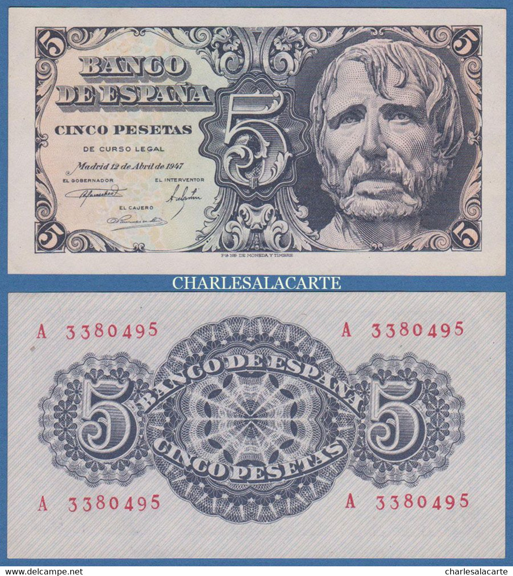 1947 SPAIN  5 PESETAS  PORTRAIT OF SENECA   SERIAL No. A 3380495   PICK 134a  EXCELLENT  CONDITION - 5 Pesetas