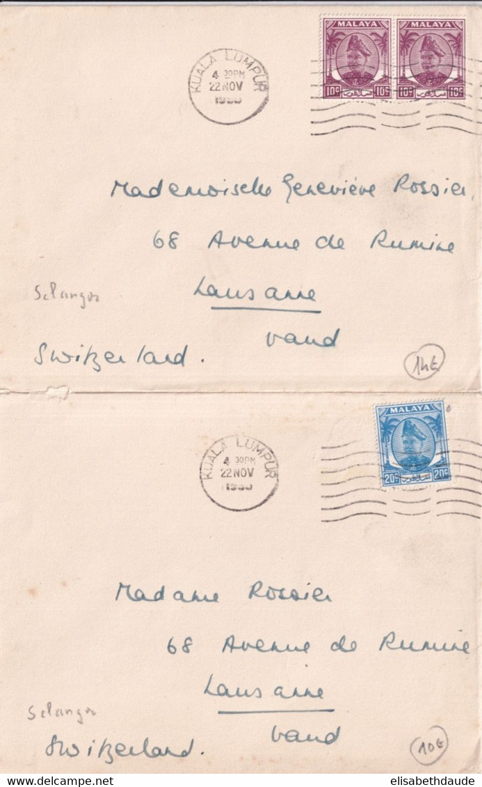 MALAYA SELANGOR - 1955 - 2 ENVELOPPES De KUALA LUMPUR => LAUSANNE (SUISSE) - Selangor