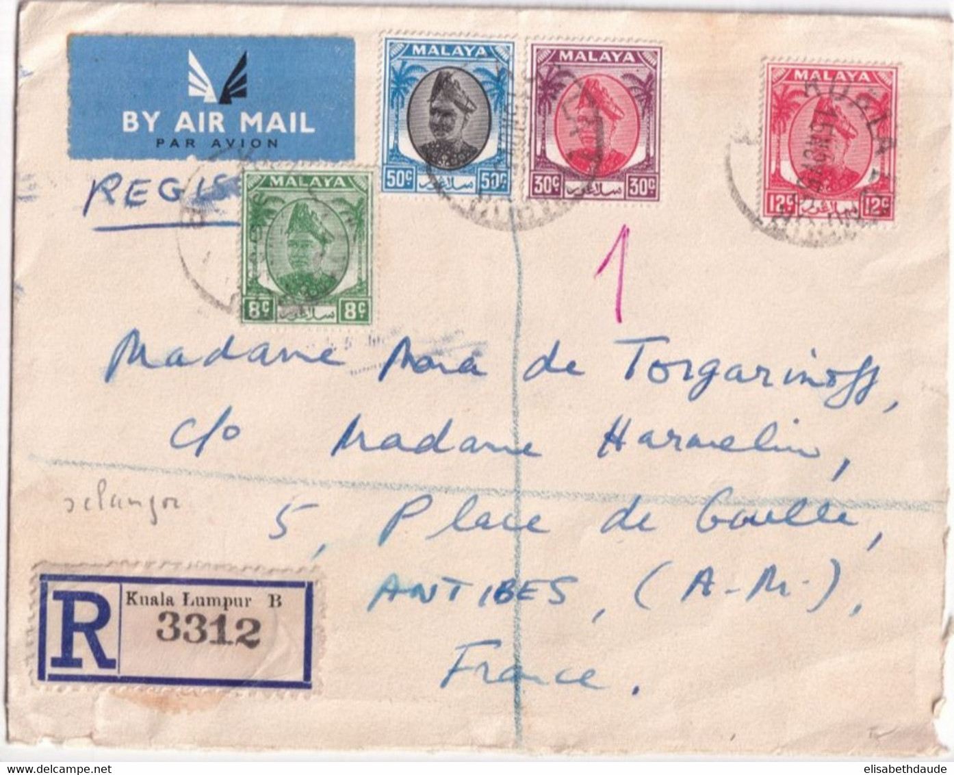 MALAYA SELANGOR - 1955 - ENVELOPPE RECOMMANDEE De KUALA LUMPUR => ANTIBES - Selangor