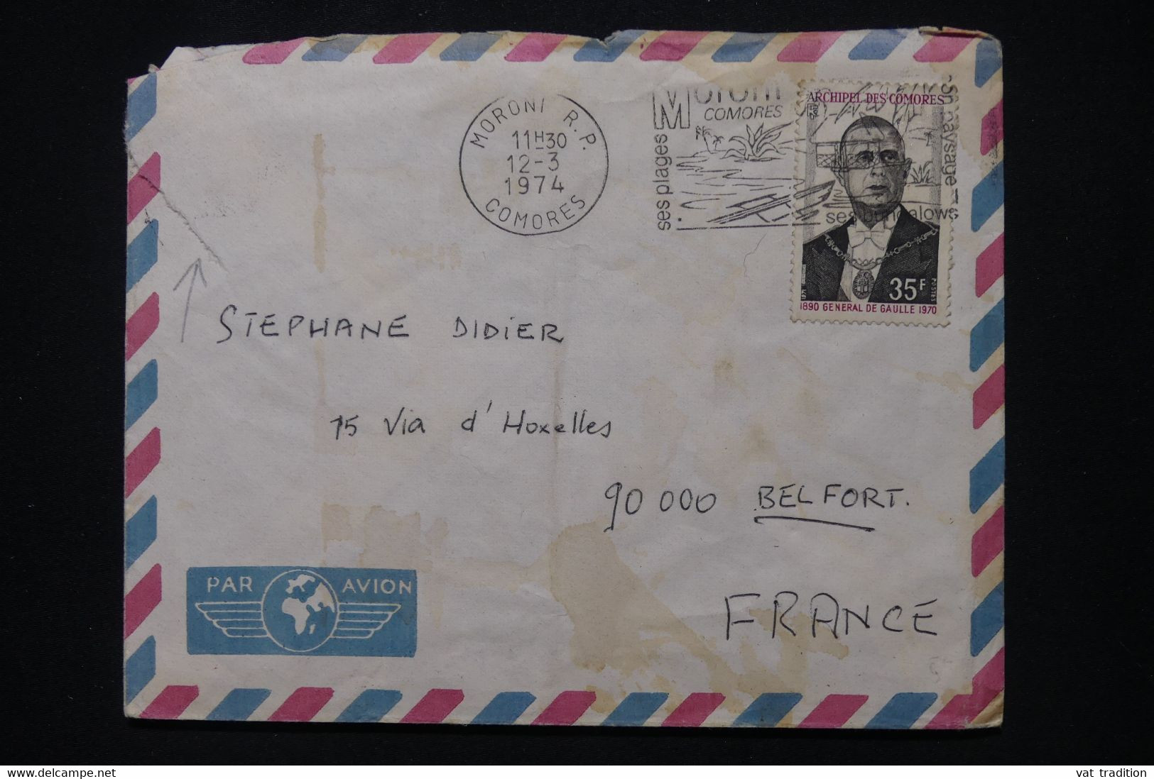 COMORES - Enveloppe De Moroni Pour La France En 1974, Affranchissement Général De Gaulle - L 106839 - Covers & Documents