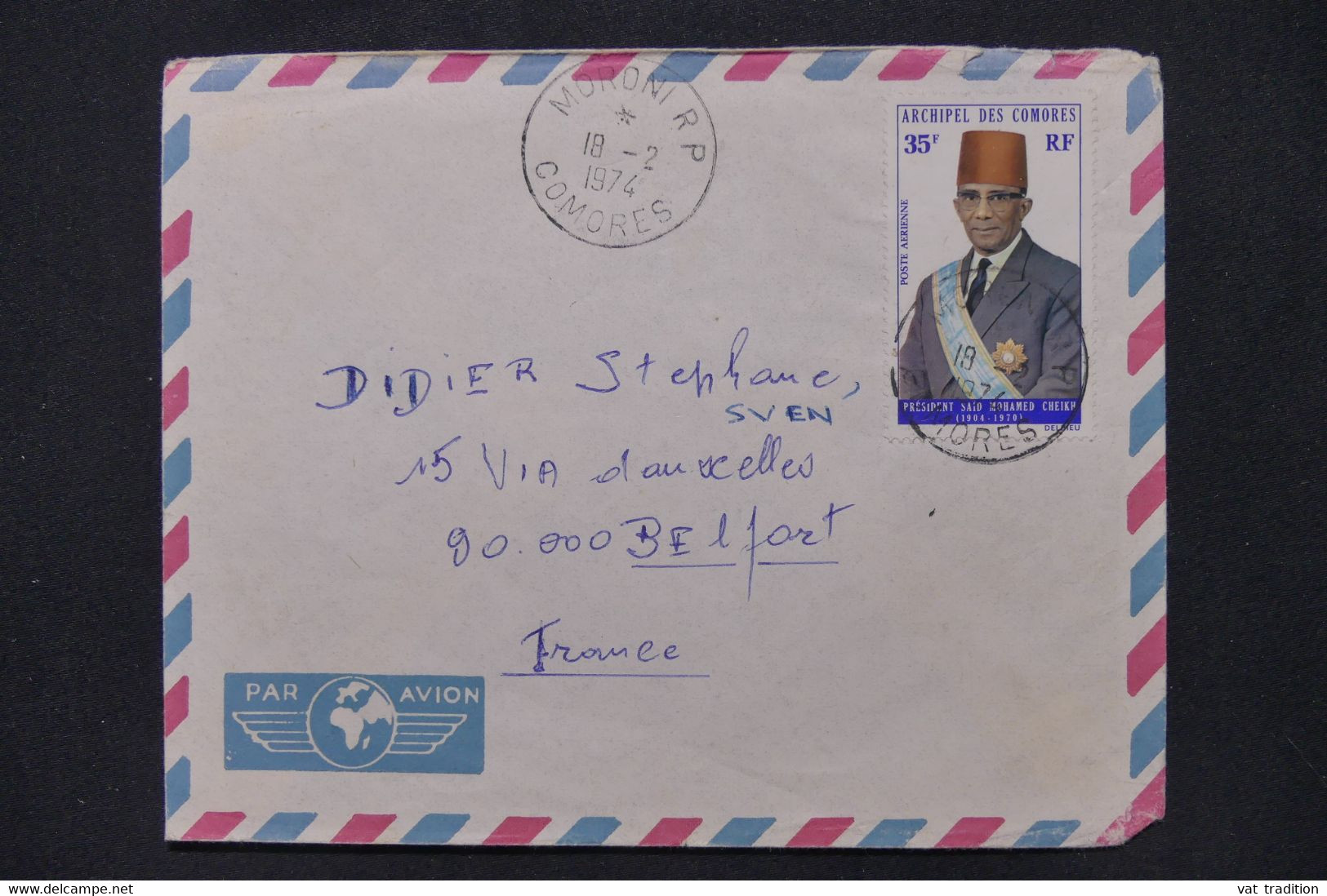 COMORES - Enveloppe De Moroni Pour La France En 1974, Affranchissement Président Saïd Mohamed Cheikh - L 106841 - Cartas & Documentos