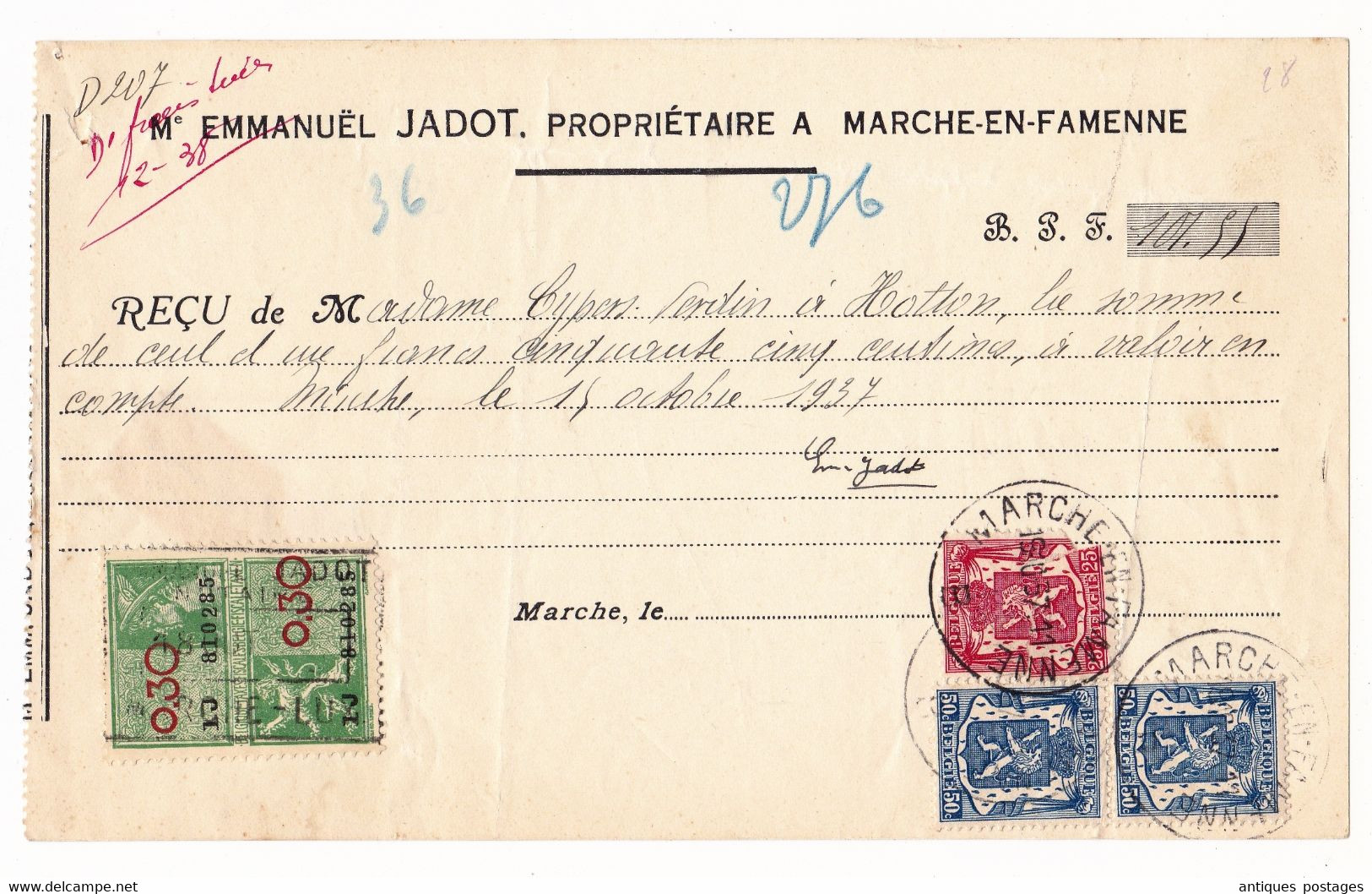 Reçu 1937 Belgique Timbres Fiscaux Marche En Famenne Emmanuel Jadot - Documenten