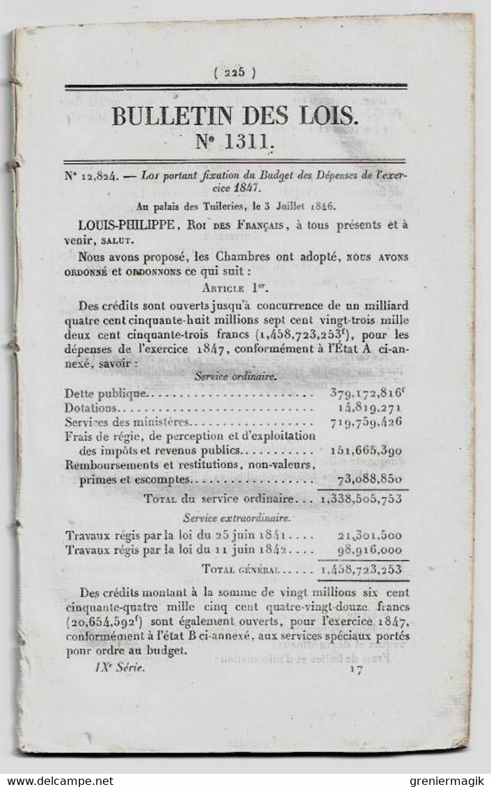 Bulletin Des Lois 1311 1846 Budget Des Dépenses 1847/Suppression De La Taxe Décime Sur Les Lettres/Roess Strasbourg - Décrets & Lois
