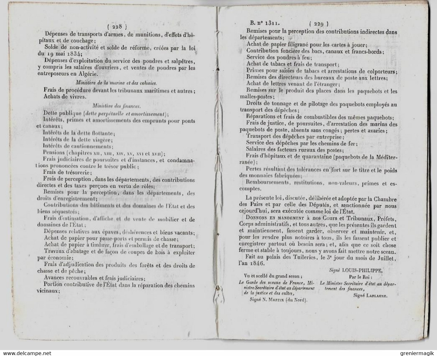 Bulletin Des Lois 1311 1846 Budget Des Dépenses 1847/Suppression De La Taxe Décime Sur Les Lettres/Roess Strasbourg - Décrets & Lois