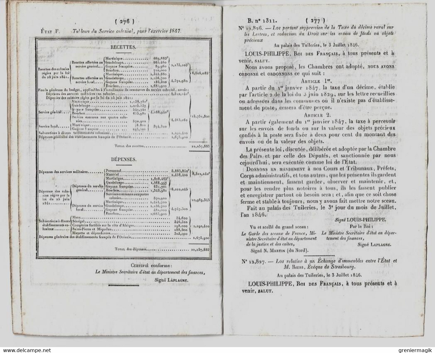 Bulletin des Lois 1311 1846 Budget des dépenses 1847/Suppression de la taxe décime sur les lettres/Roess Strasbourg