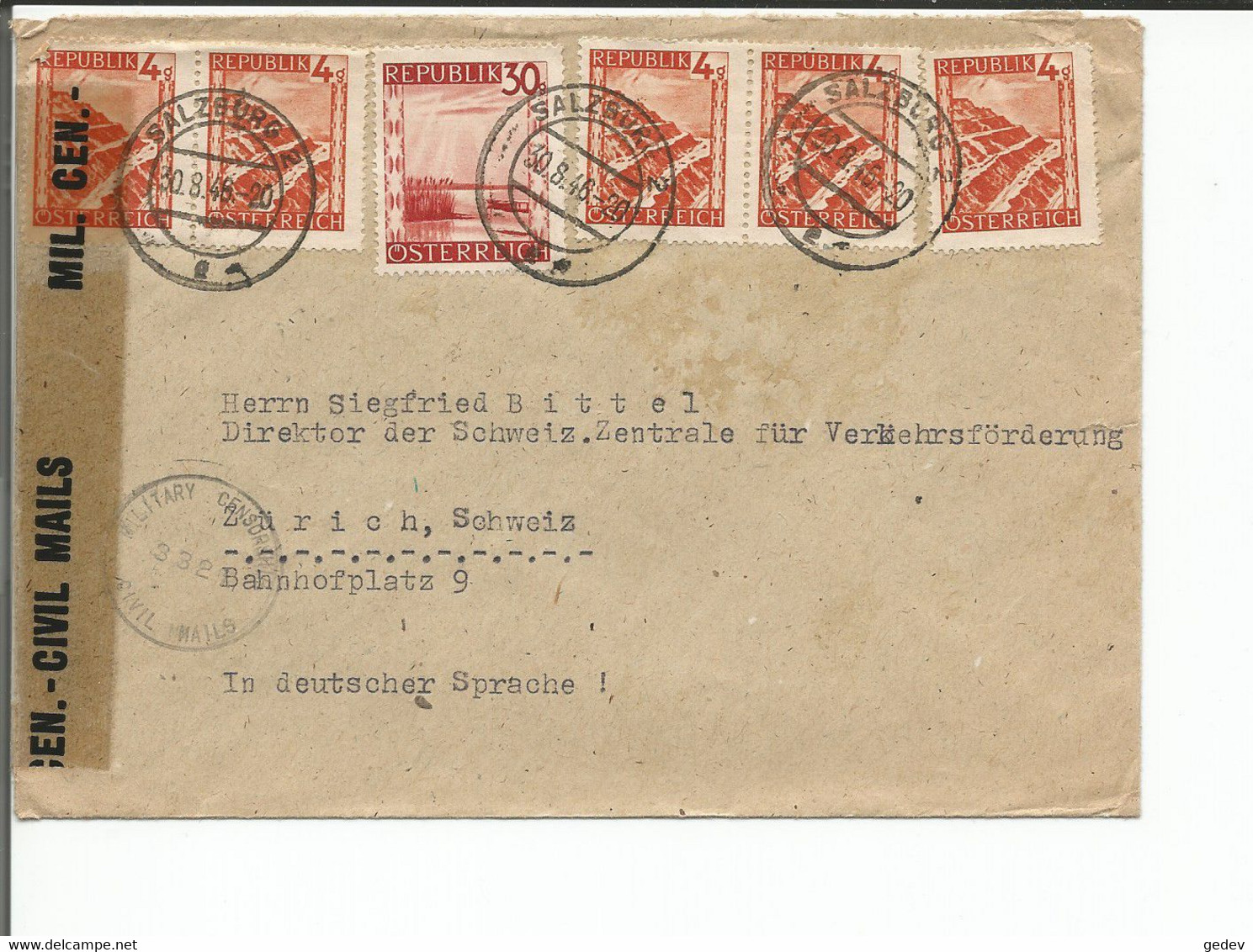 Autriche, Lettre Censure, Salzburg - Zürich Suisse (30.8.1946) - Lettres & Documents