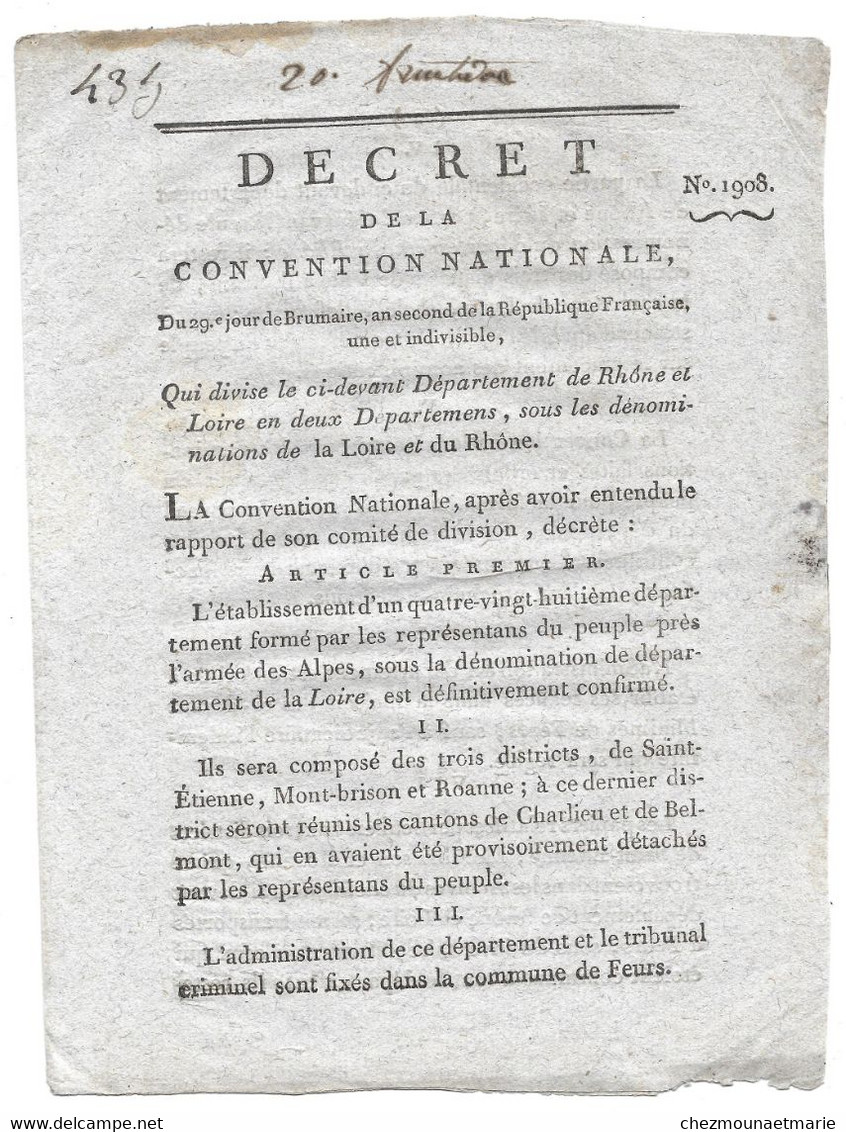 29 BRUMAIRE AN 2 1793 - DECRET CONVENTION NATIONALE N° 1908 SUR DIVISION DU DEPARTEMENT RHONE ET LOIRE - Gesetze & Erlasse