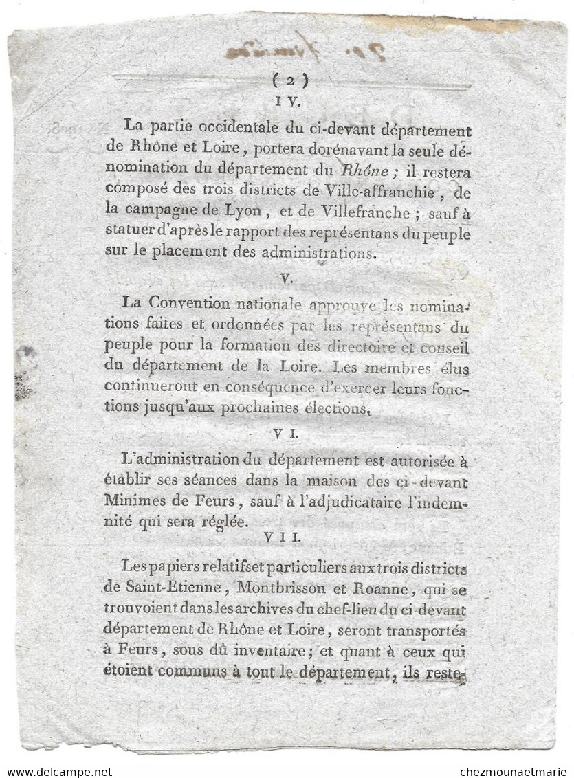 29 BRUMAIRE AN 2 1793 - DECRET CONVENTION NATIONALE N° 1908 SUR DIVISION DU DEPARTEMENT RHONE ET LOIRE - Décrets & Lois