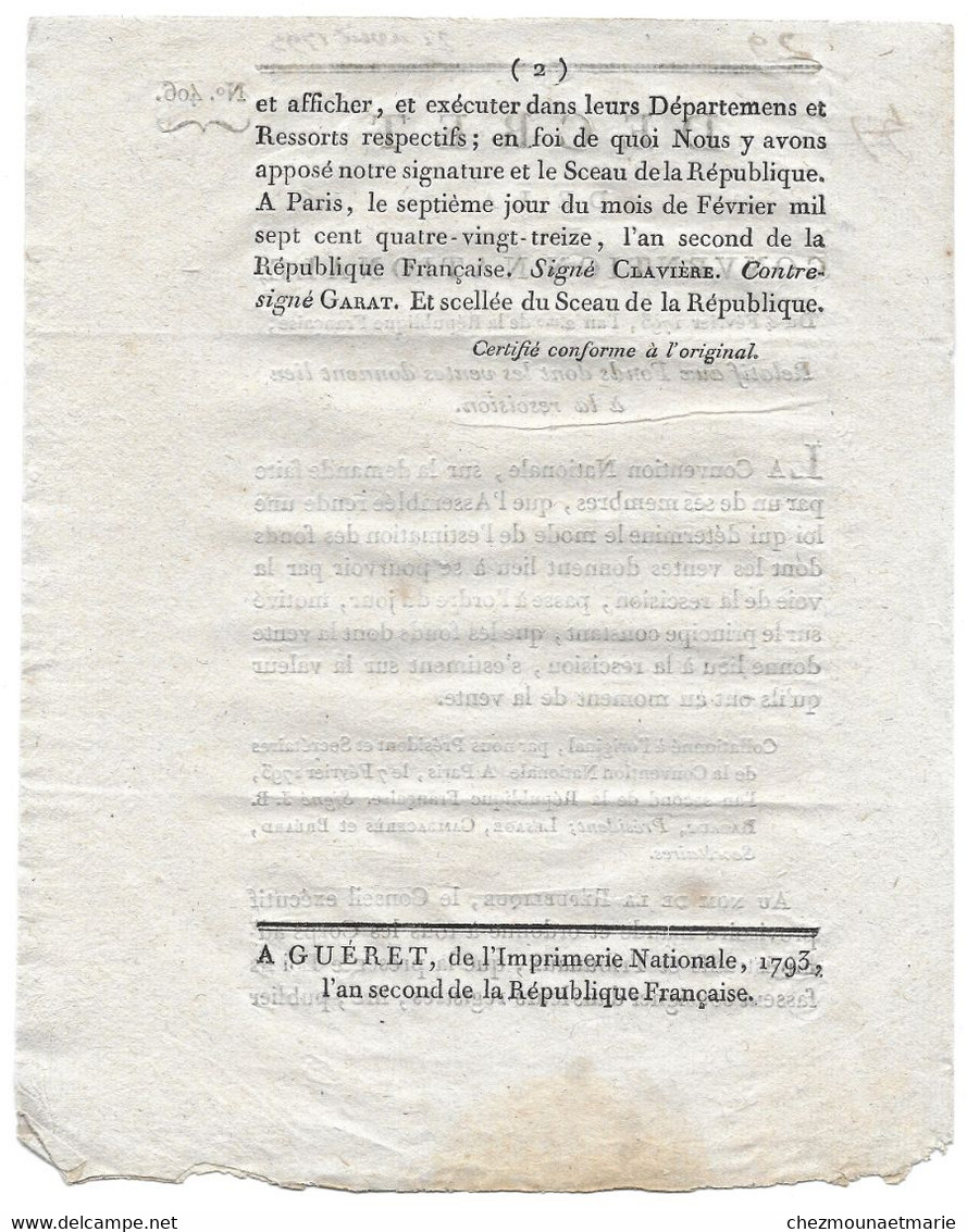 4 FEVRIER 1793 - DECRET CONVENTION NATIONALE N° 406 SUR FONDS DONT VENTES DONNENT LIEU A RESCISION - Wetten & Decreten