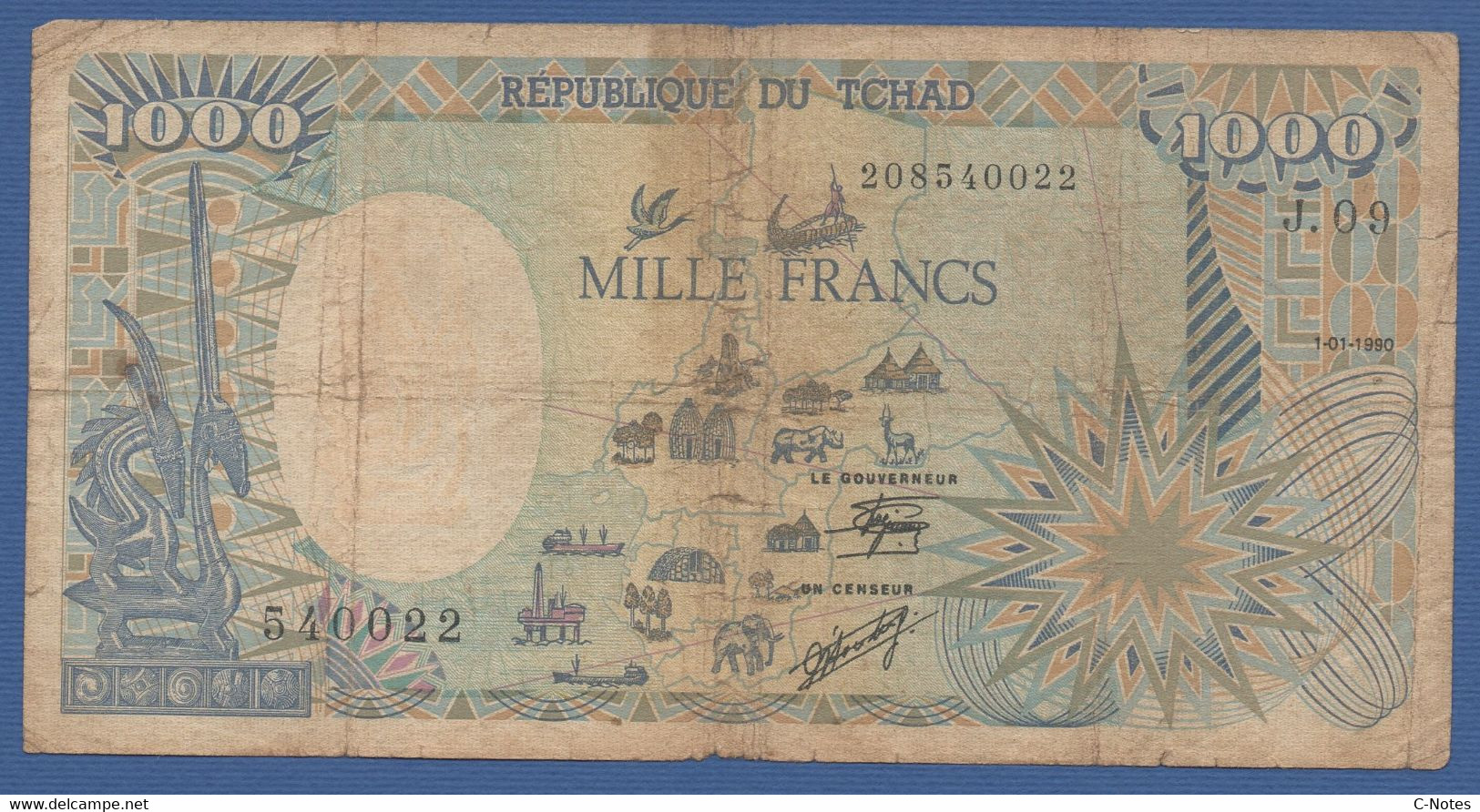 CHAD - P.10Aa – 1.000 Francs 01.01.1990 - Circulated Serie J.09 540022 - Tchad