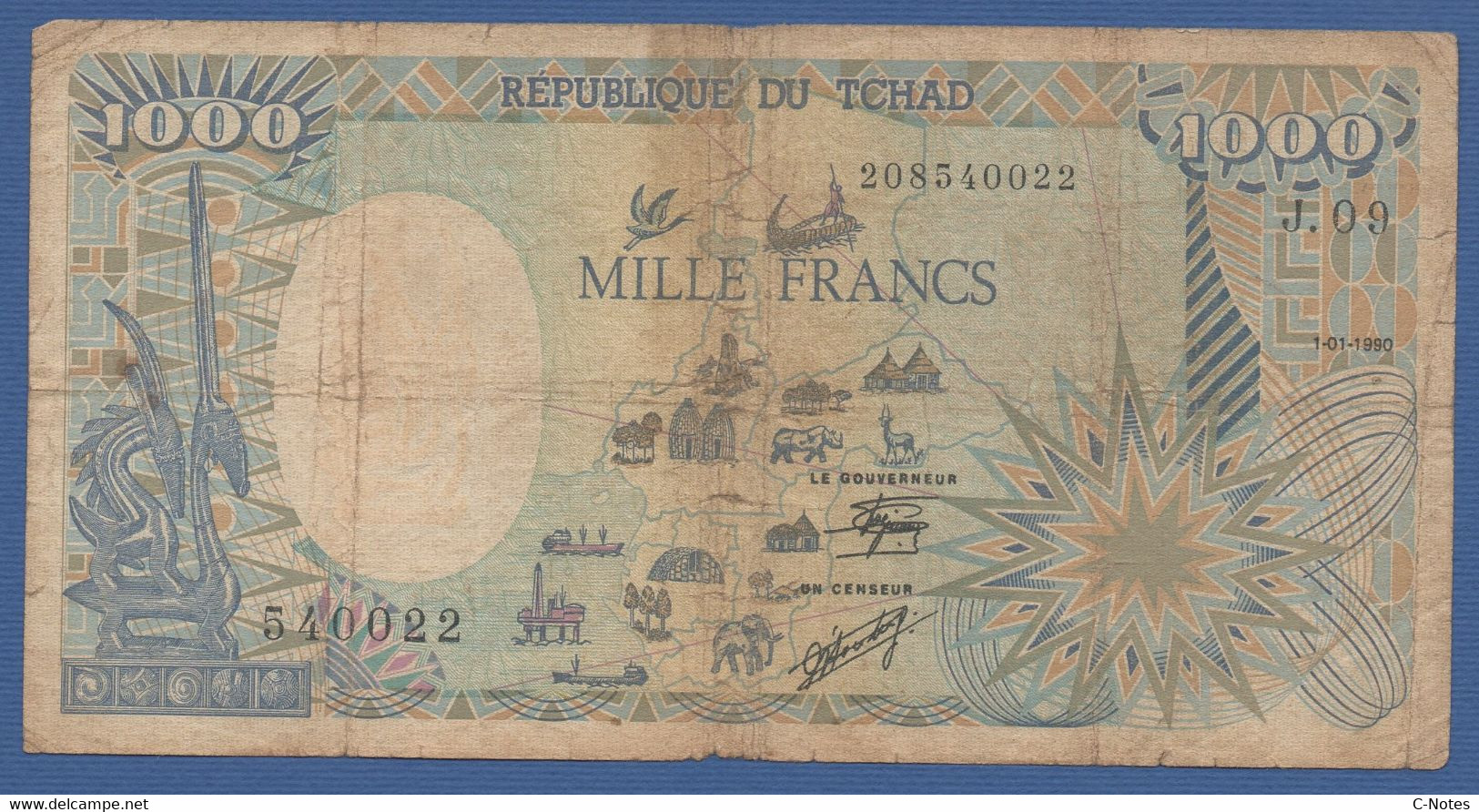 CHAD - P.10Aa – 1.000 Francs 01.01.1990 - Circulated Serie J.09 540022 - Ciad