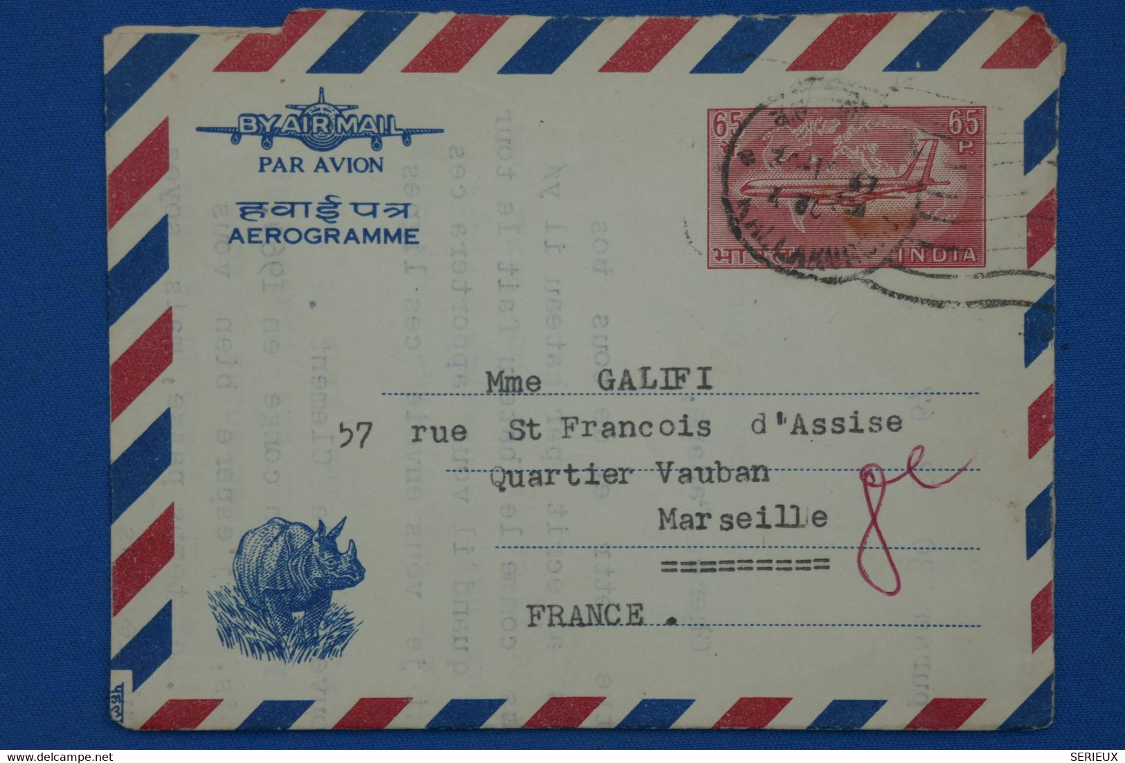 AB7 INDIA   BELLE LETTRE 1967  +MADRAS POUR MARSEILLE FRANCE + AEROPHILATELIE+AFFRANCH. PLAISANT - Airmail