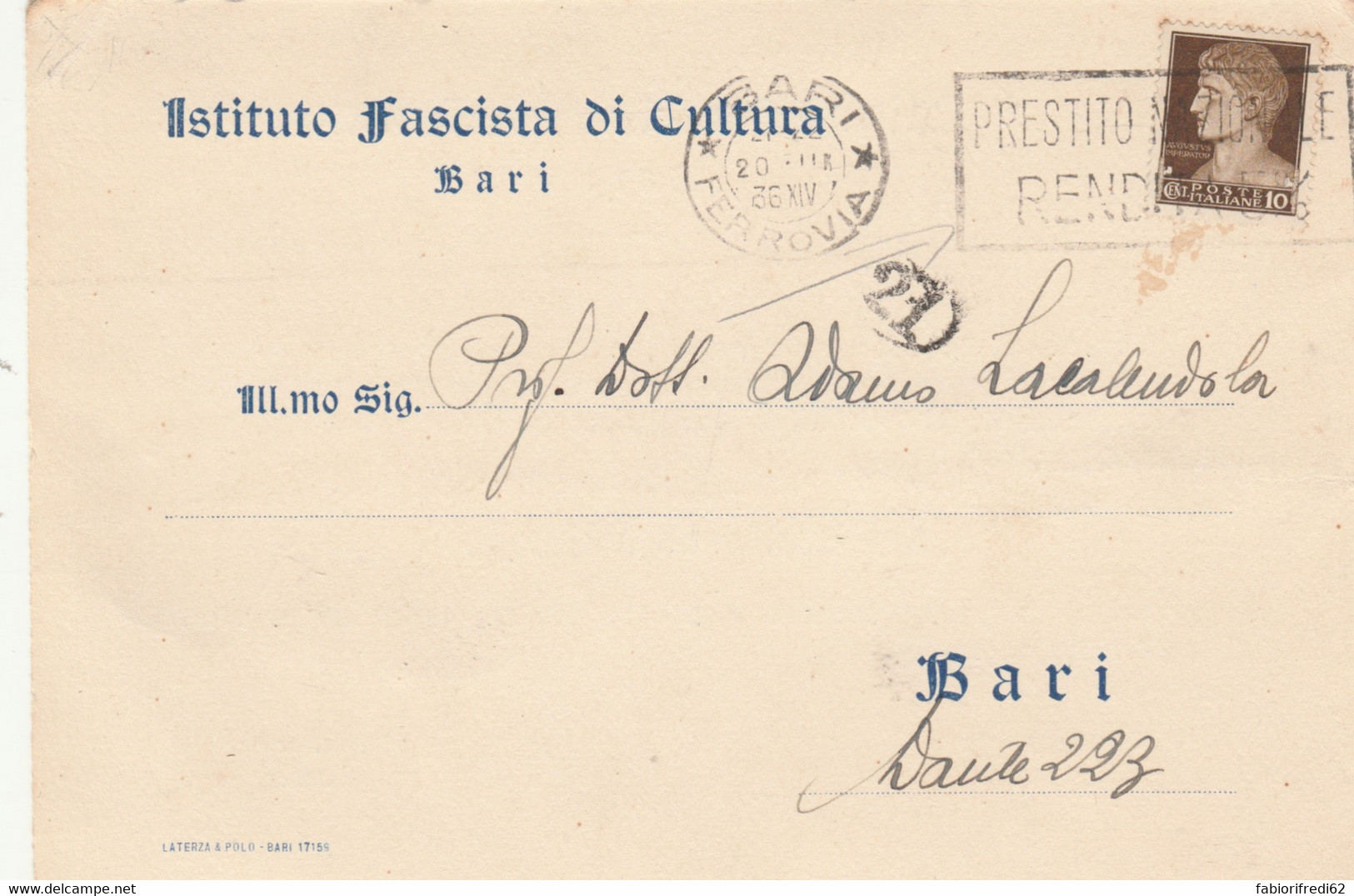 CARTOLINA POSTALE C.10 1936 ISTITUTO FASCISTA CULTURA  (RY448 - Marcofilie