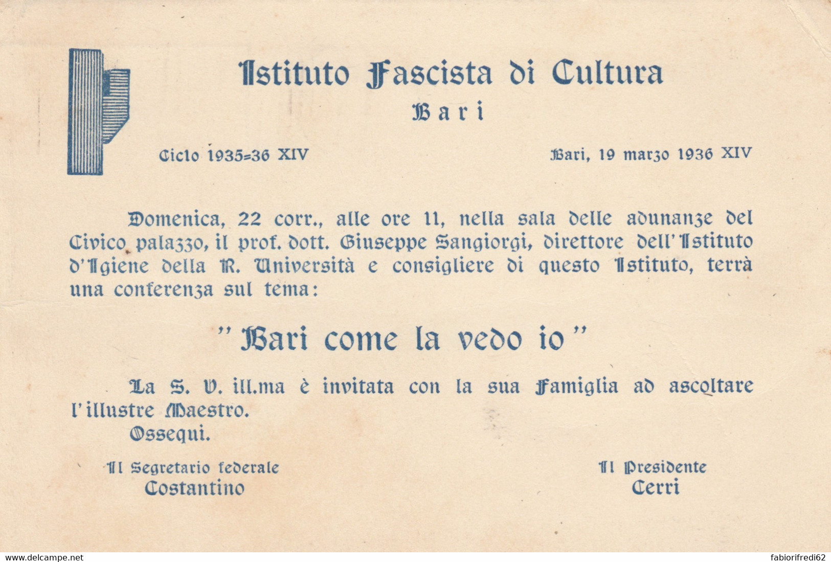 CARTOLINA POSTALE C.10 1936 ISTITUTO FASCISTA CULTURA  (RY448 - Marcofilie