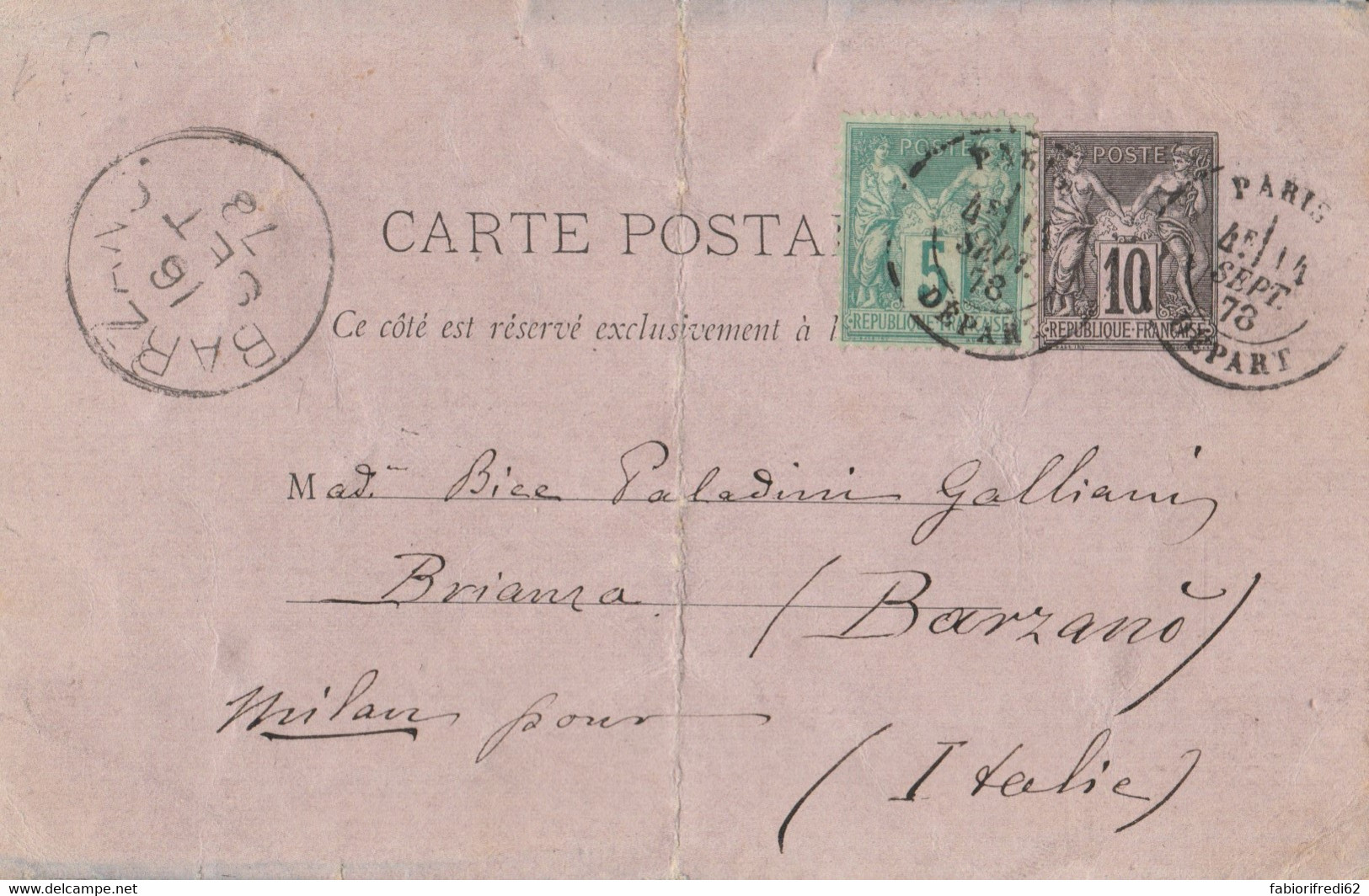 INTERI POSTALE FRANCIA DIRETTO ITALIA 1878 TIMBRO ARRIVO BARZANO Piega Centrale (RY610 - 1849-1876: Periodo Clásico