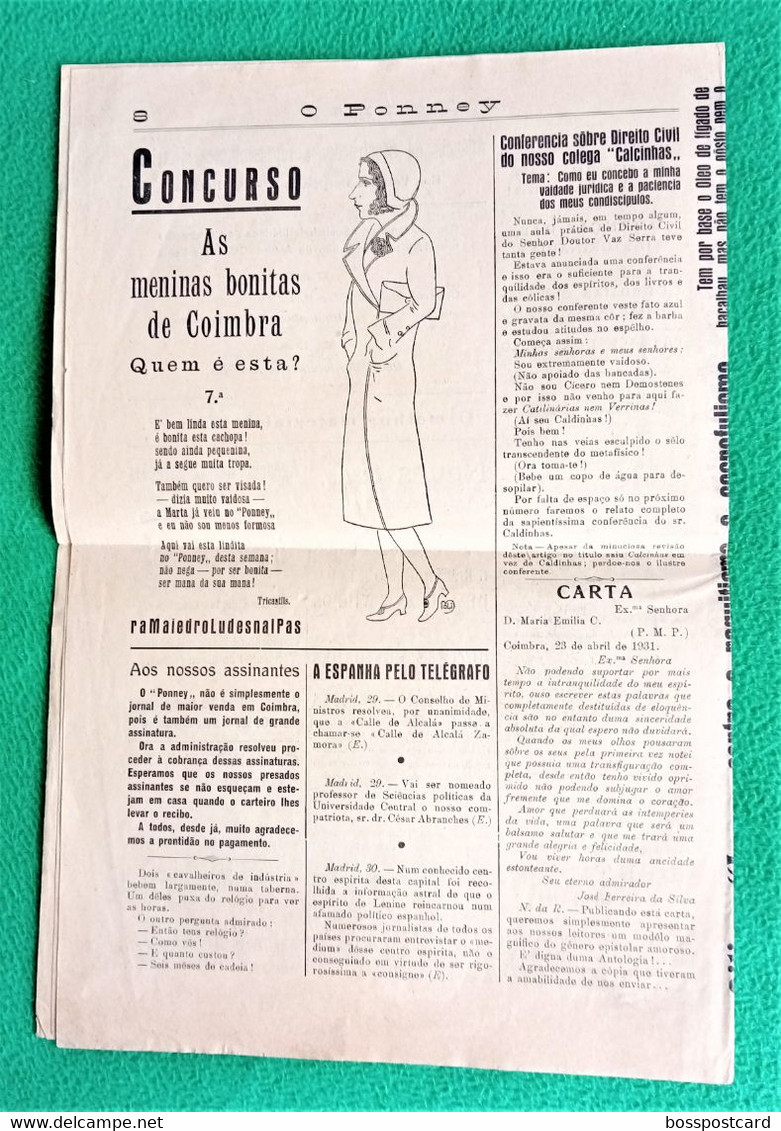 Coimbra - Jornal Ponney Nº 40, 30 Abril De 1931 - Estudante Da Universidade - República Portuguesa - Portugal - Humour