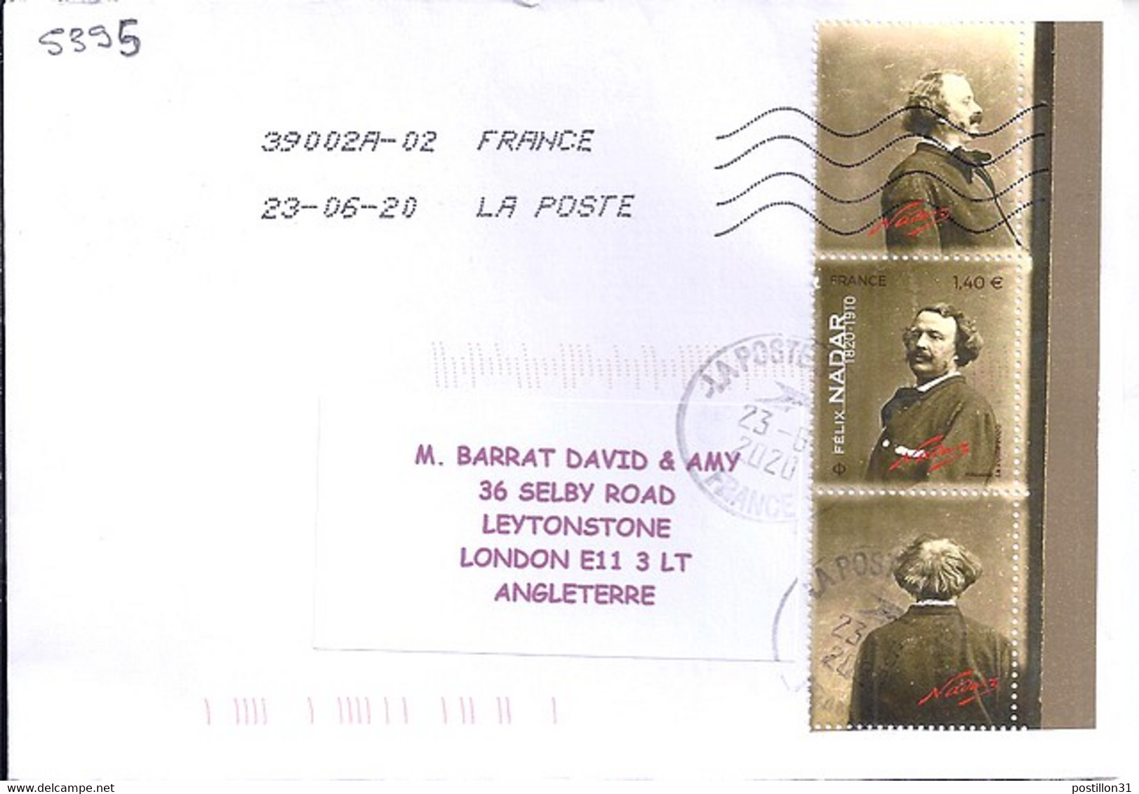 TP N° 5395 + 2 VIGNETTES SUR LETTRE DU 23.6.20 POUR L'ANGLETERRE - 1961-....