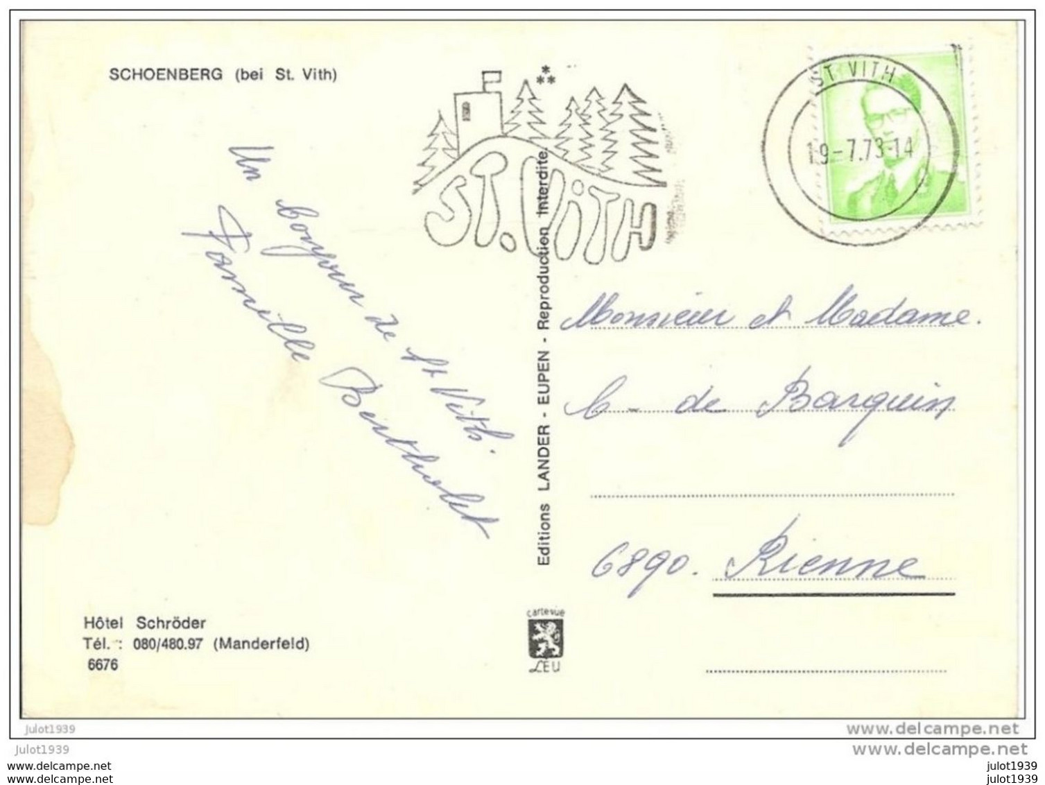 SCHOENBERG ..-- SAINT - VITH ..--  1973 Vers RIENNE ( Mr Mme DE BARQUIN ) . Voir Verso . - Sankt Vith