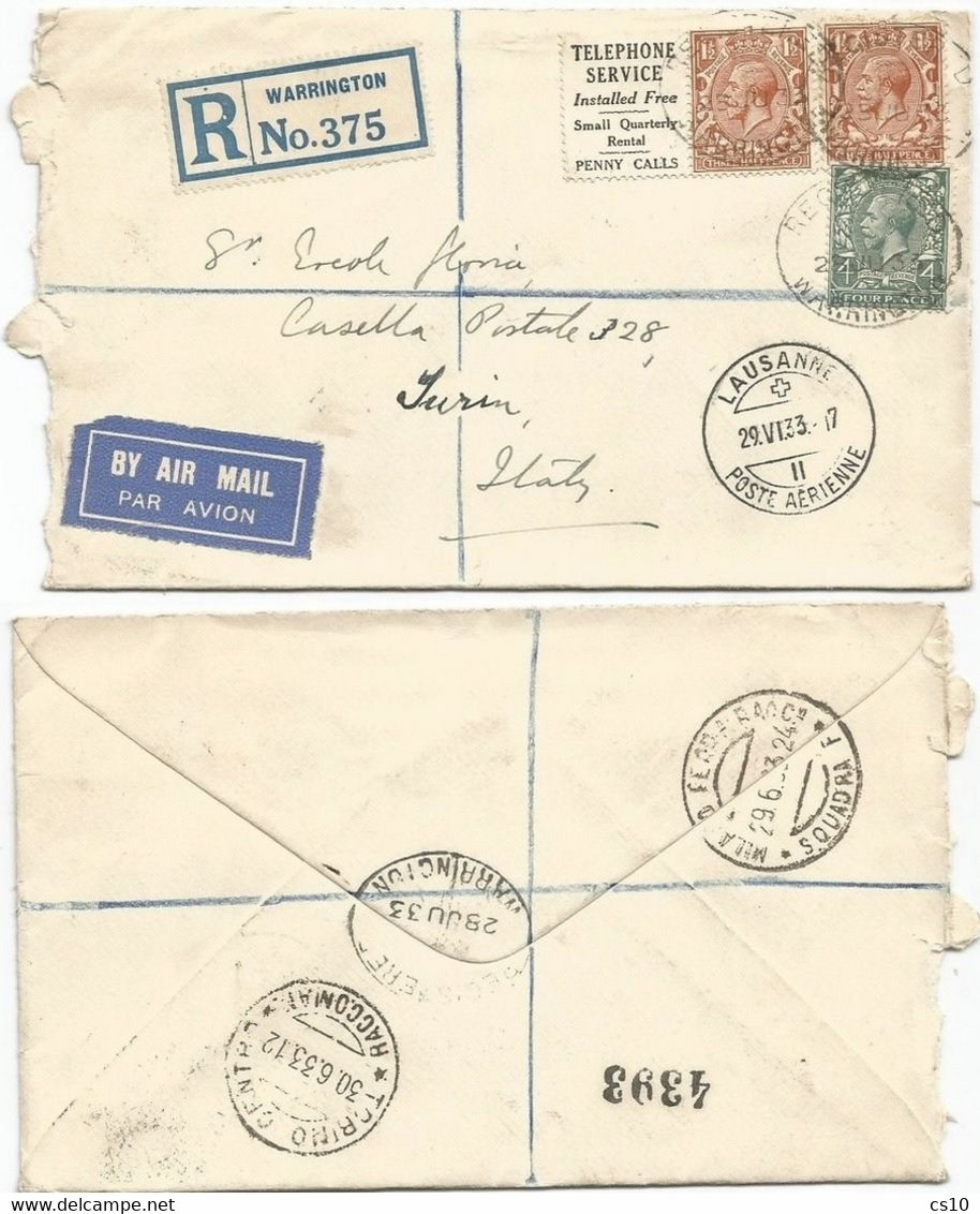 KG5 Reg.CV 28jun1933 With Regular 3v + Telephone Adver Label To Italy Via Suisse - Feuilles, Planches  Et Multiples