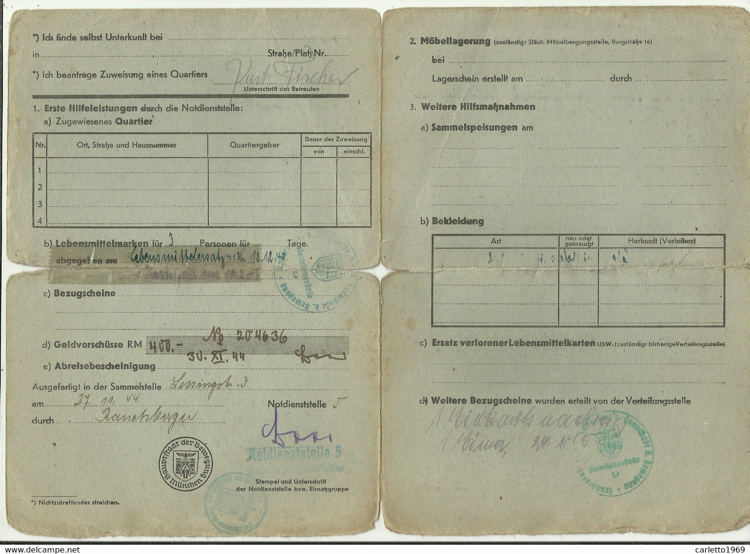 DOCUMENTO DI ASSISTENZA PER  SENZATETTO PER DANNI AEREI ANNO 27/11/ 1944 ( DA TRADUZIONE ) - Historische Documenten