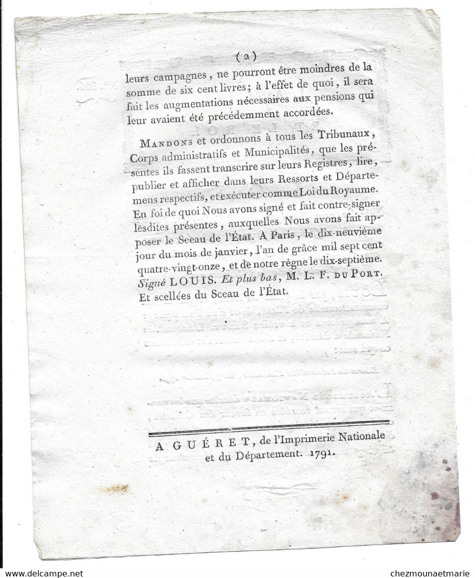 1791 LA LOI ET LE ROI N° 385 PENSIONS OFFICIERS DE FORTUNE - Wetten & Decreten