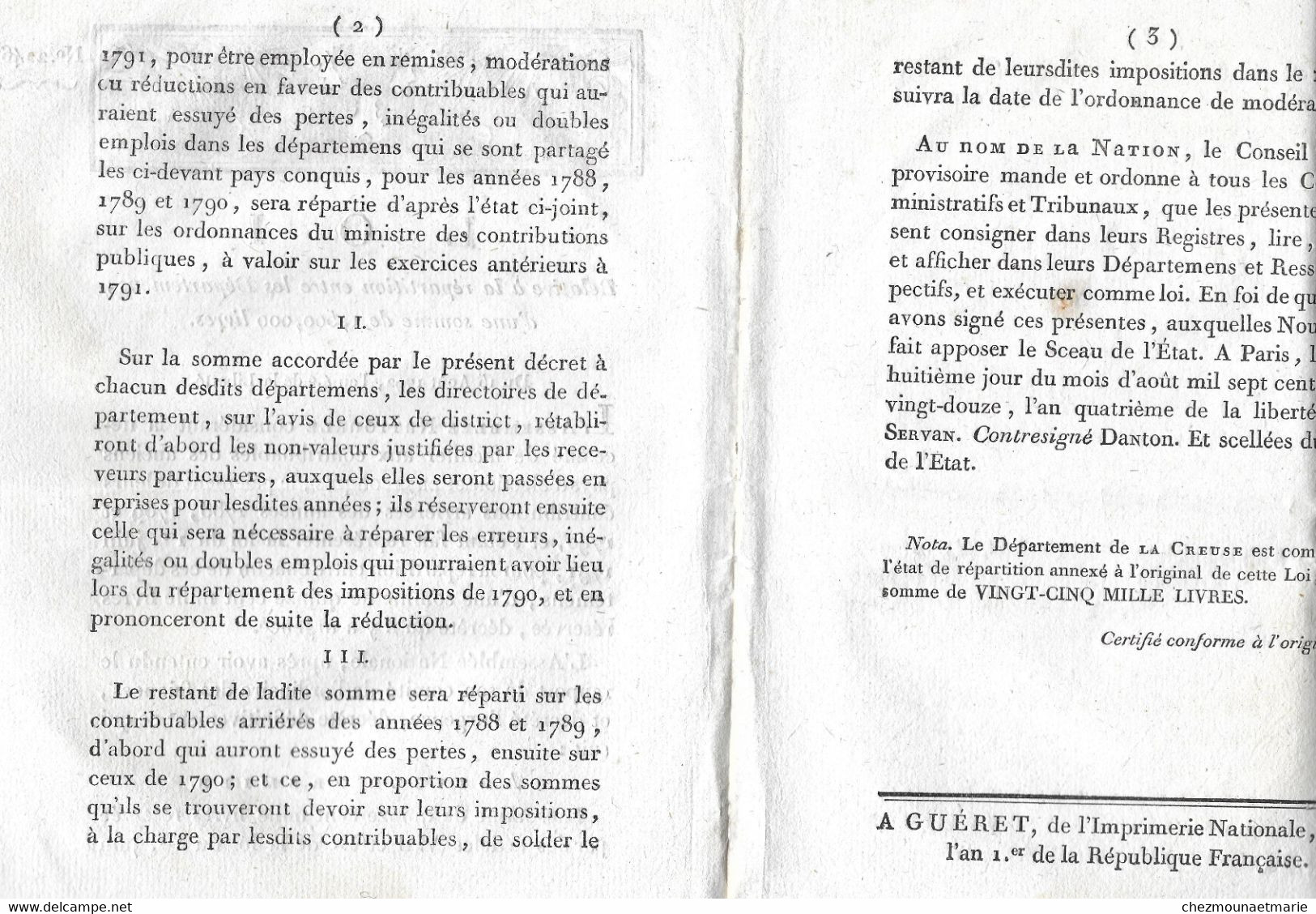 1792 LA LOI N° 2246 REPARTITION DE 1 MILLION 500 MILLES LIVRES ENTRE LES DEPARTEMENTS - Decreti & Leggi