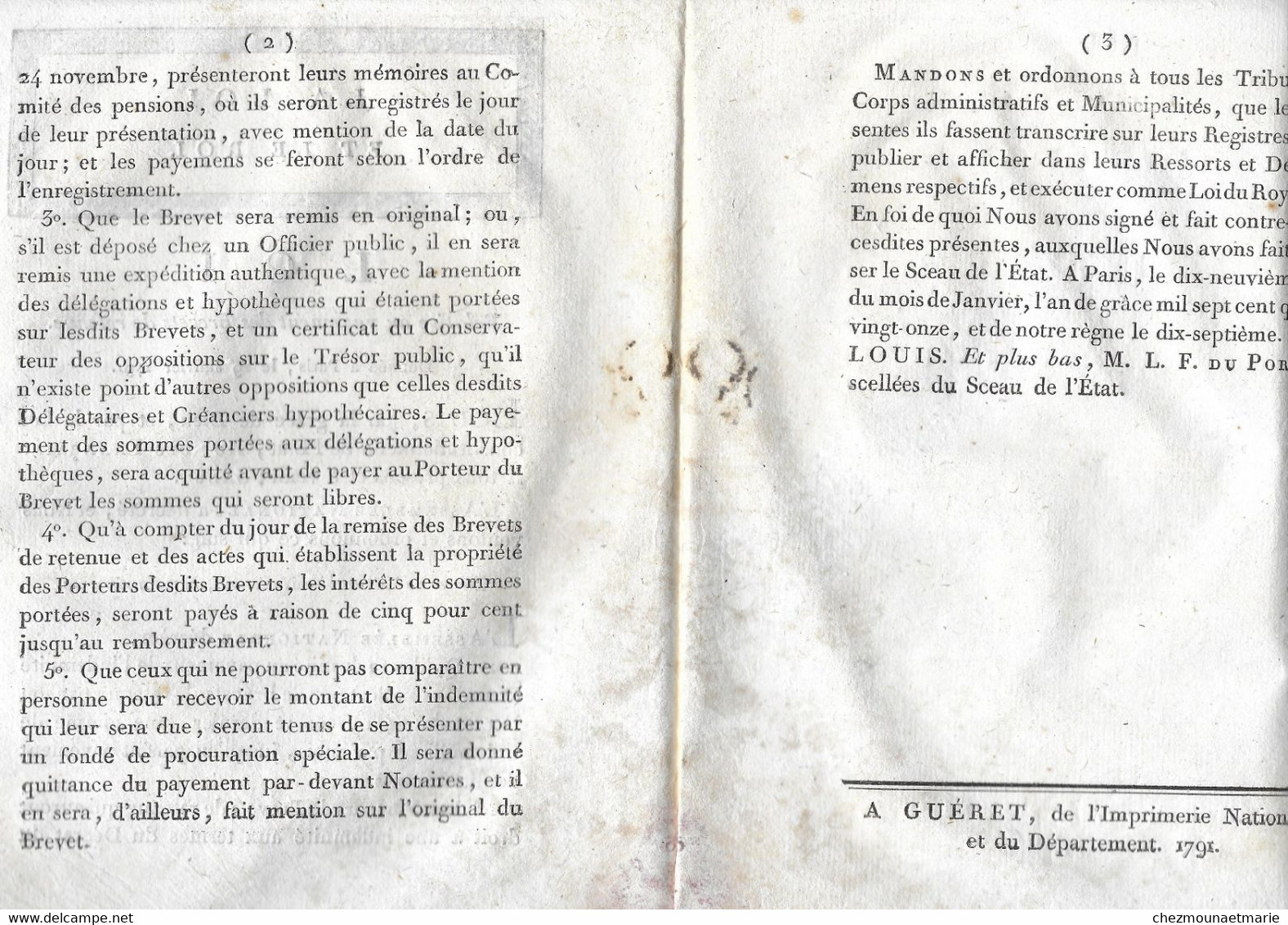 1791 LA LOI ET LE ROI N°405 PAIEMENT BREVETS DE RETENUE - Décrets & Lois