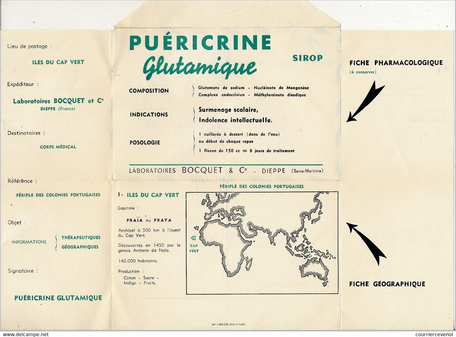 CAP VERT - Imprimé Publicitaire "Sirop PUERICLINE Glutamique" - 1957 - Cape Verde